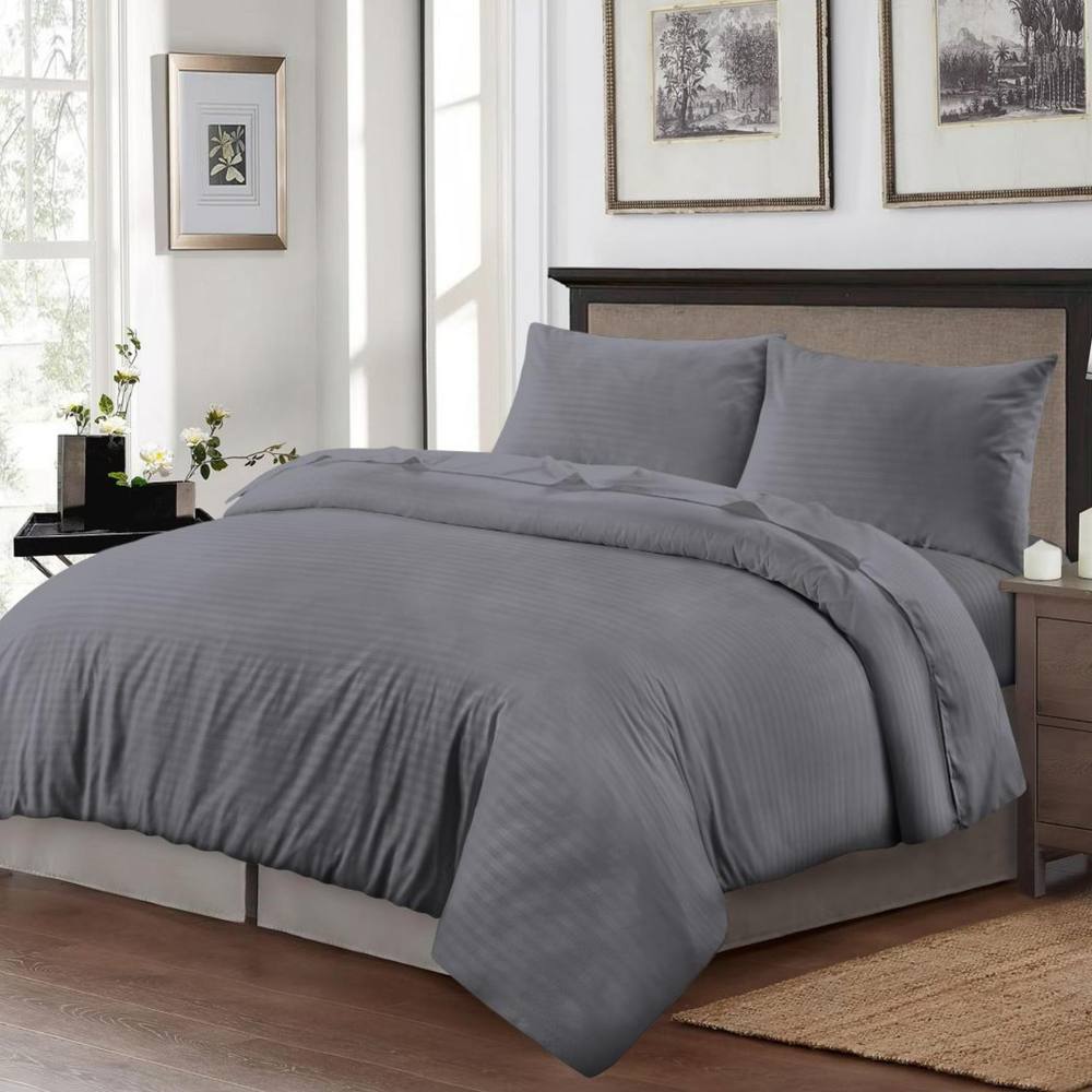 Homes-Linen Luxury Brushed Microfiber Stripe Duvet Cover Set with Pillowcases in Charcoal