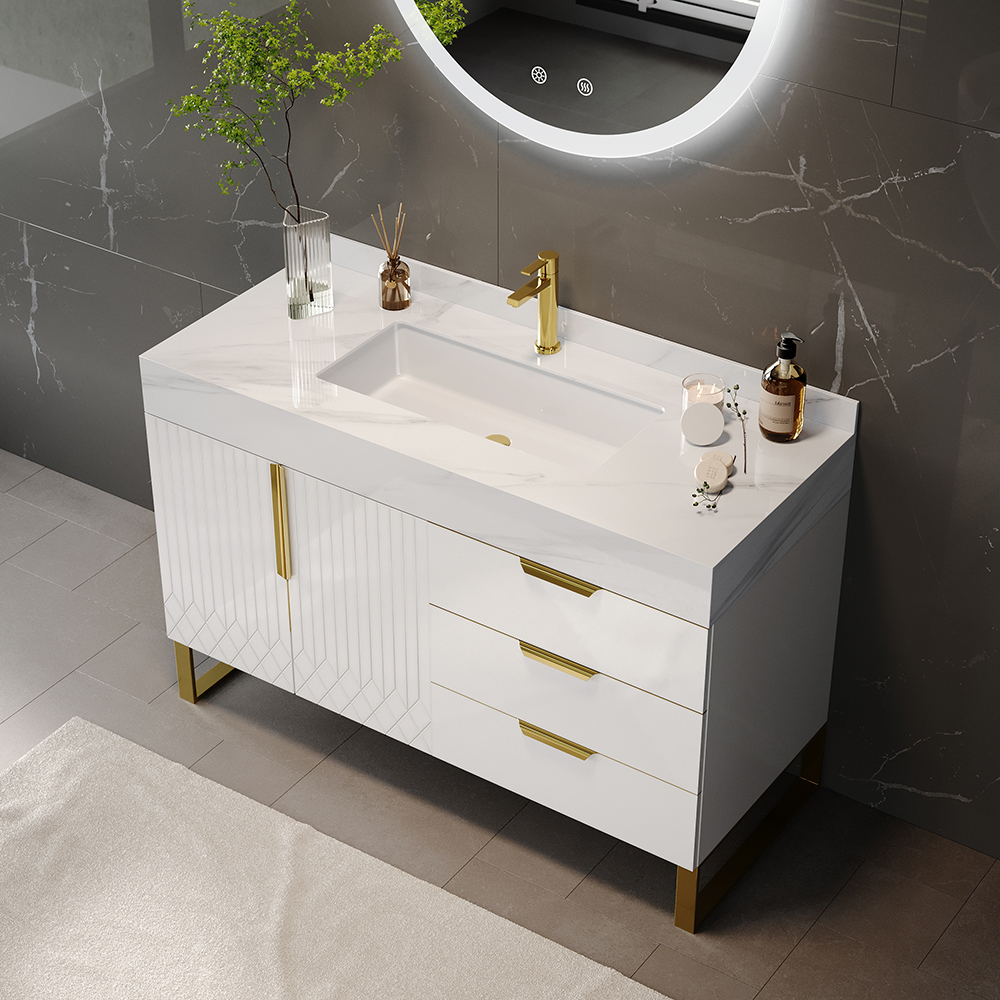 90 cm Bathroom Vanity Freestanding Cultured Marble Top with Single Sink & Drawers White