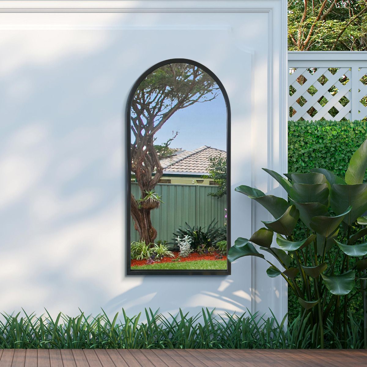 MirrorOutlet Black Metal Framed Arched Garden Wall Mirror 47" X 23.5" (120 X 60CM)