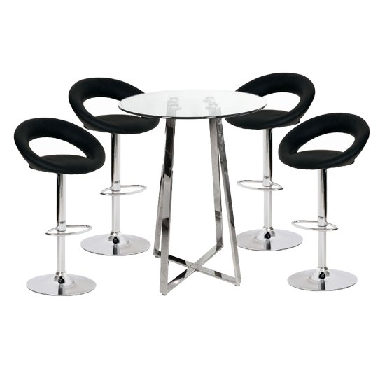 Poseur Glass Top Bar Table with 4 Leoni Black Bar Stools