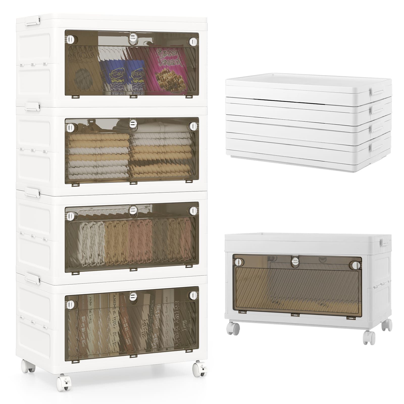 Costway 4-Tier Stackable Storage Bins Bedroom Collapsible Storage Boxes in White