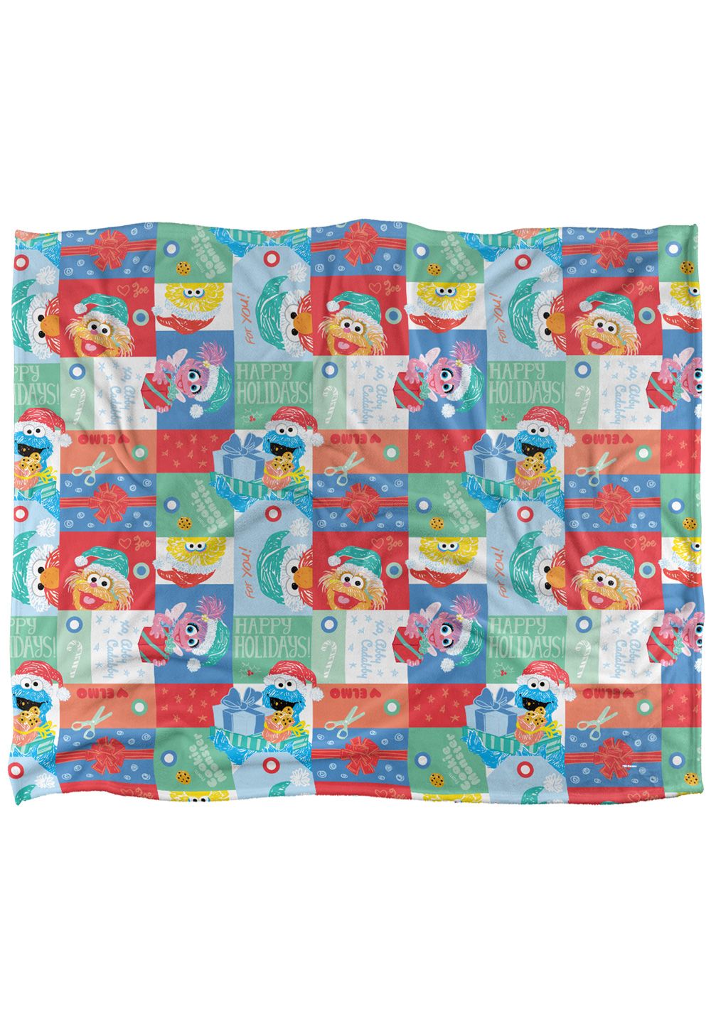 Sesame Street Happy Holiday Squares Pattern Silky Touch Super Soft Throw Blanket 152 X 127 cm in White