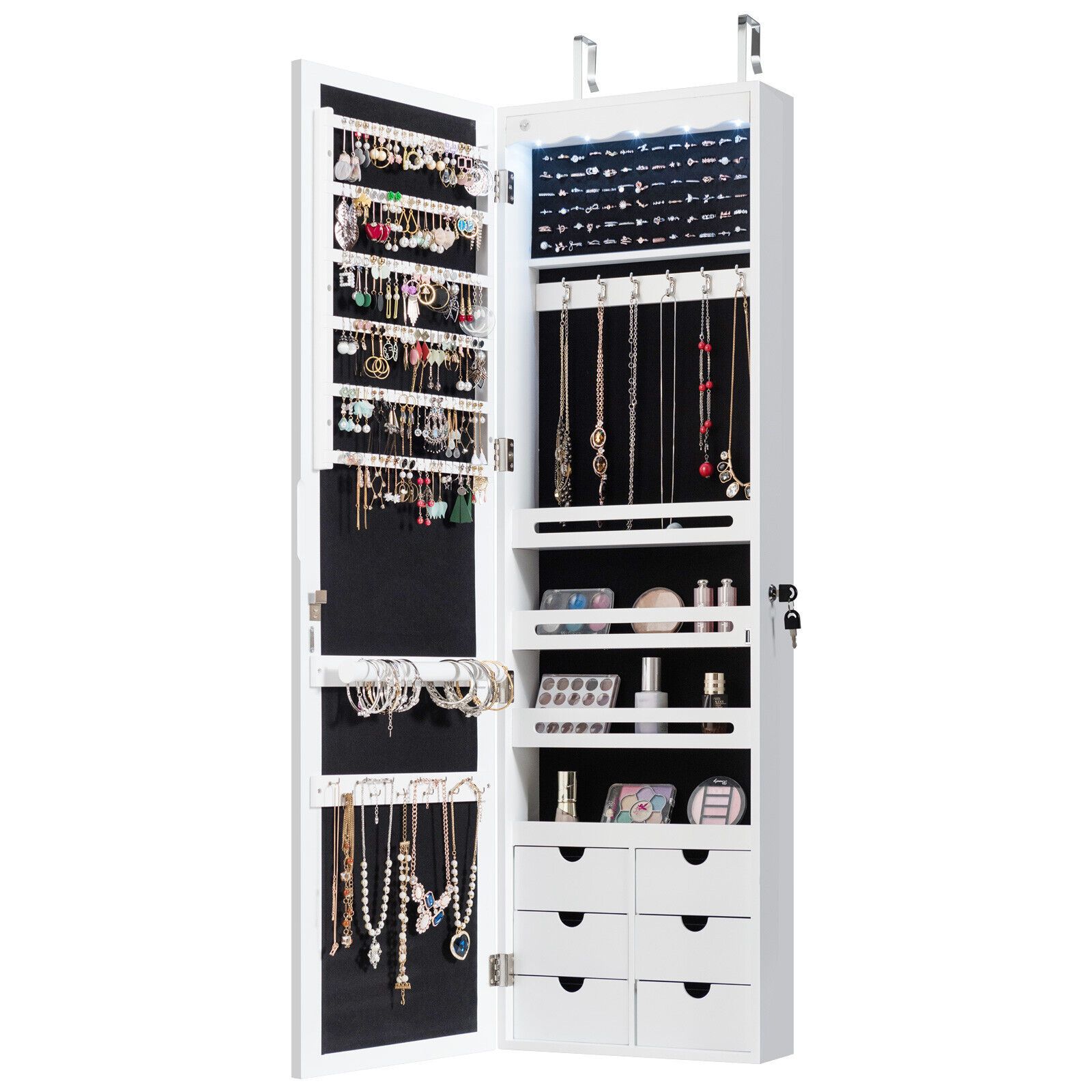 Costway Jewelry Cabinet 5 LED Lights Wall/Door Mounted Jewelry Armoire w/ Mirror in White