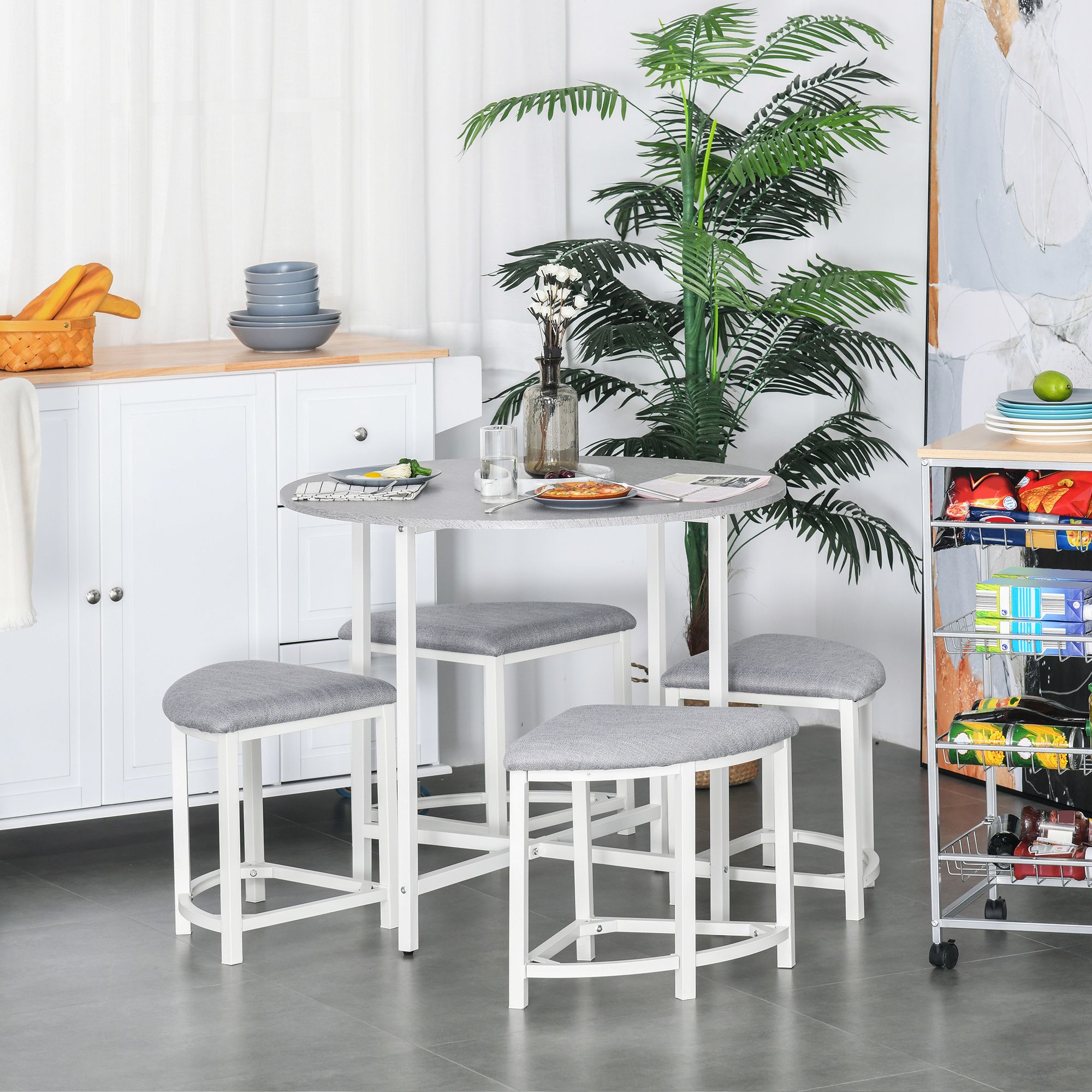 HOMCOM Modern Round Dining Table Set with 4 Upholstered Stools for Dining Room in Grey