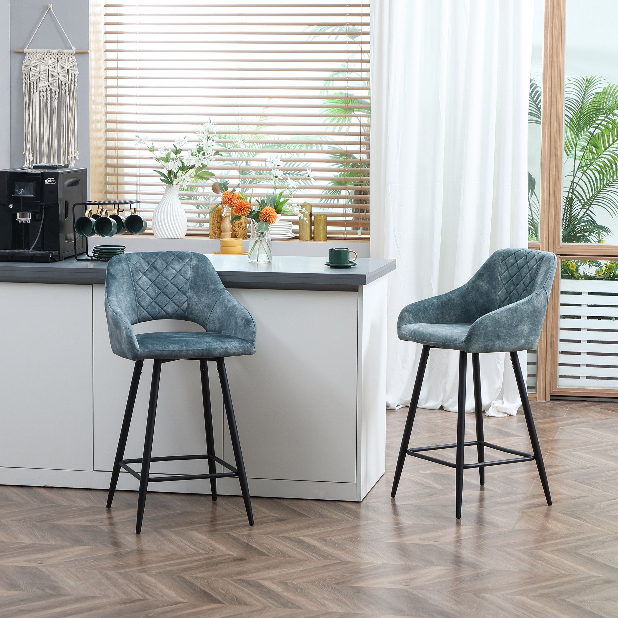 HOMCOM Stools Set of 2, Velvet-Touch Fabric Counter Height Bar Chairs in Blue