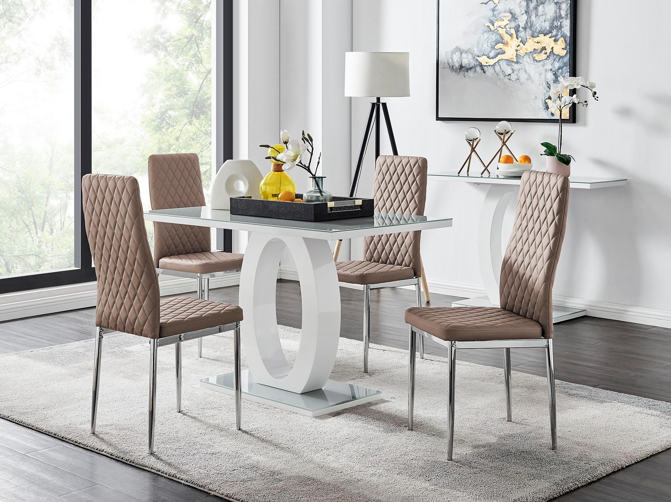 FurnitureboxUK Giovani Grey White Modern High Gloss & Glass Dining Table & 4 Milan Chairs Set in Beige