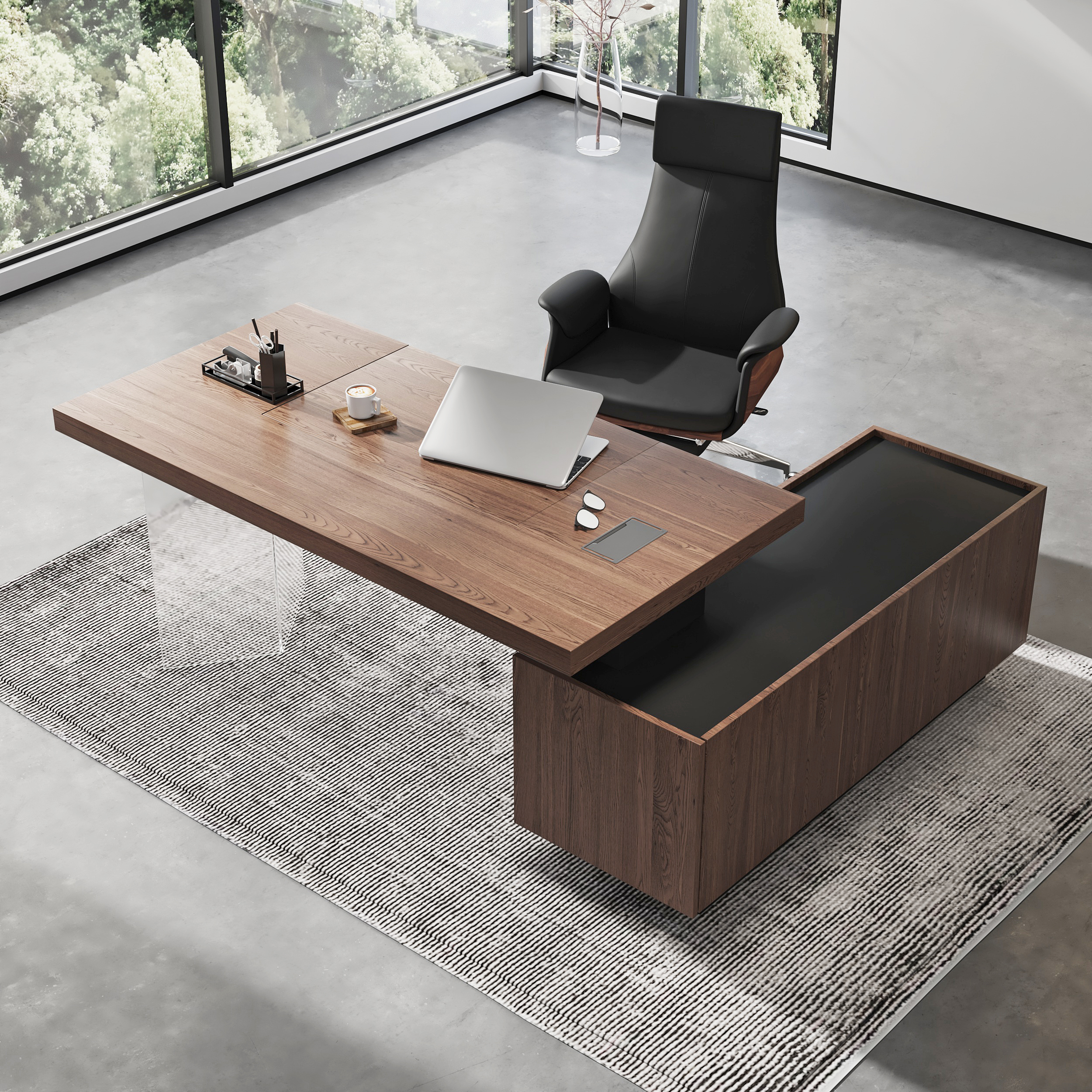 Set Modern Walnut Standing L-Shape Desk & Reclining Leather Office Desk Chair (71.5")