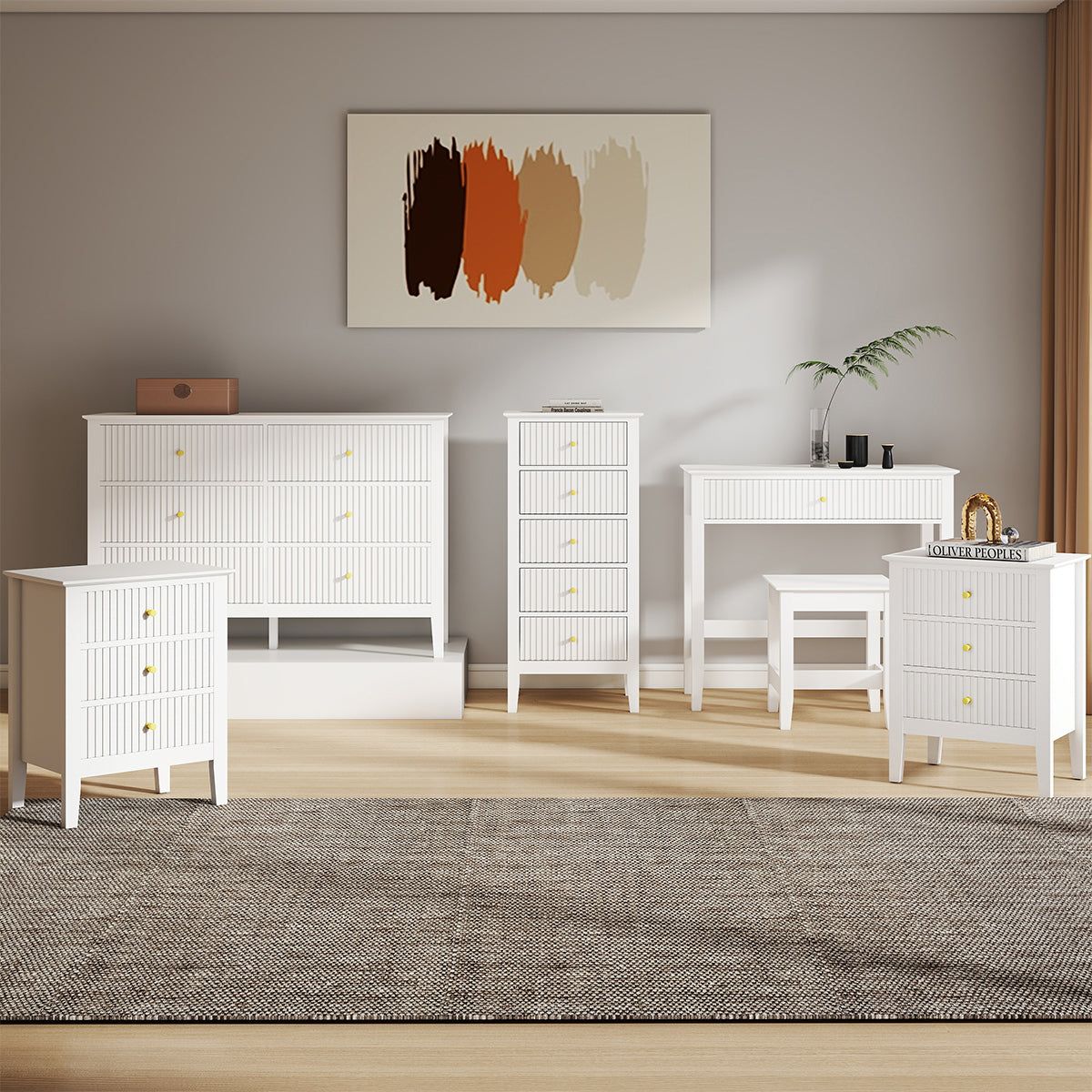 Melody Maison 6 Drawer Chest Of Drawers, Tall 5 Drawer Bedside Table, Pair Of 3 Drawer Bedside Tables & Dressing Table Set - Hales White Range
