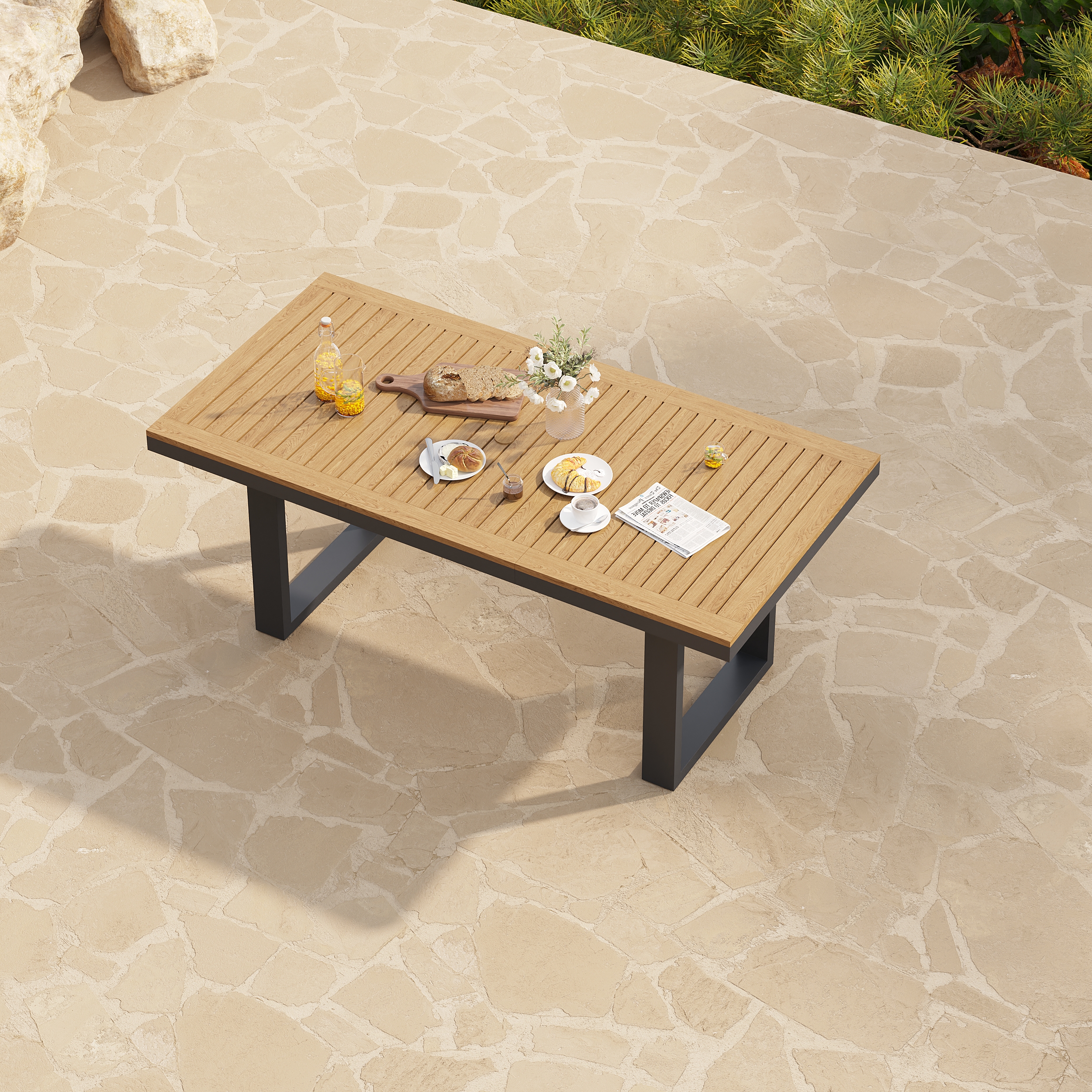 Tevara 6-Person Rectangle Teak & Aluminium Outdoor Patio Dining Table in Dark Grey