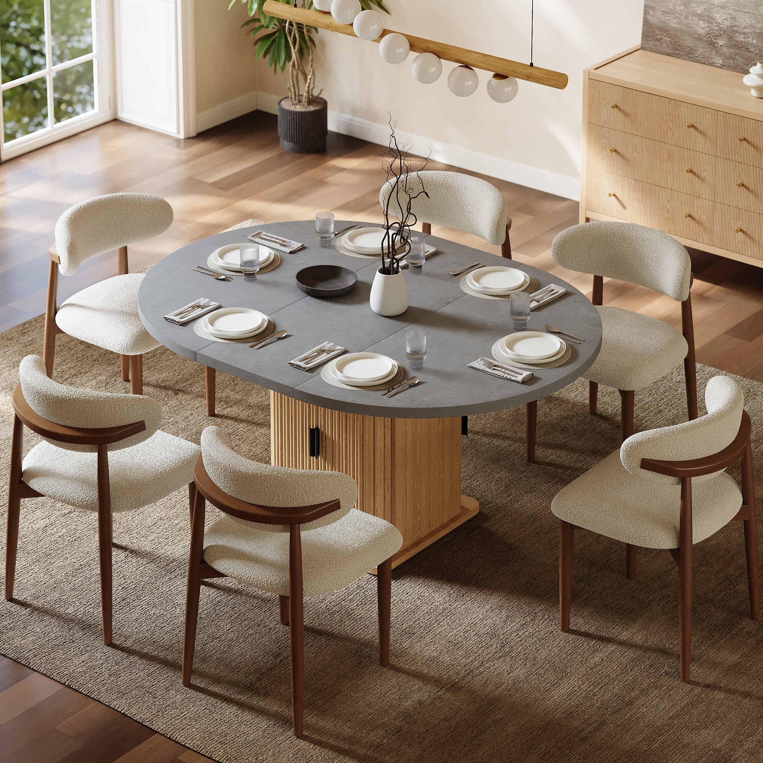 47"-63" Gray Extendable Dining Table Set with 6 Chairs