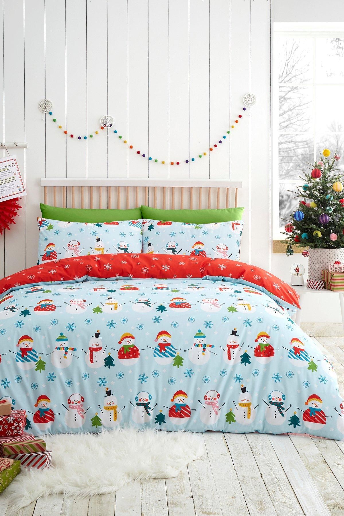 Fusion 'Christmas Snowman' Easy Care Duvet Cover Set in Duck Egg Blue