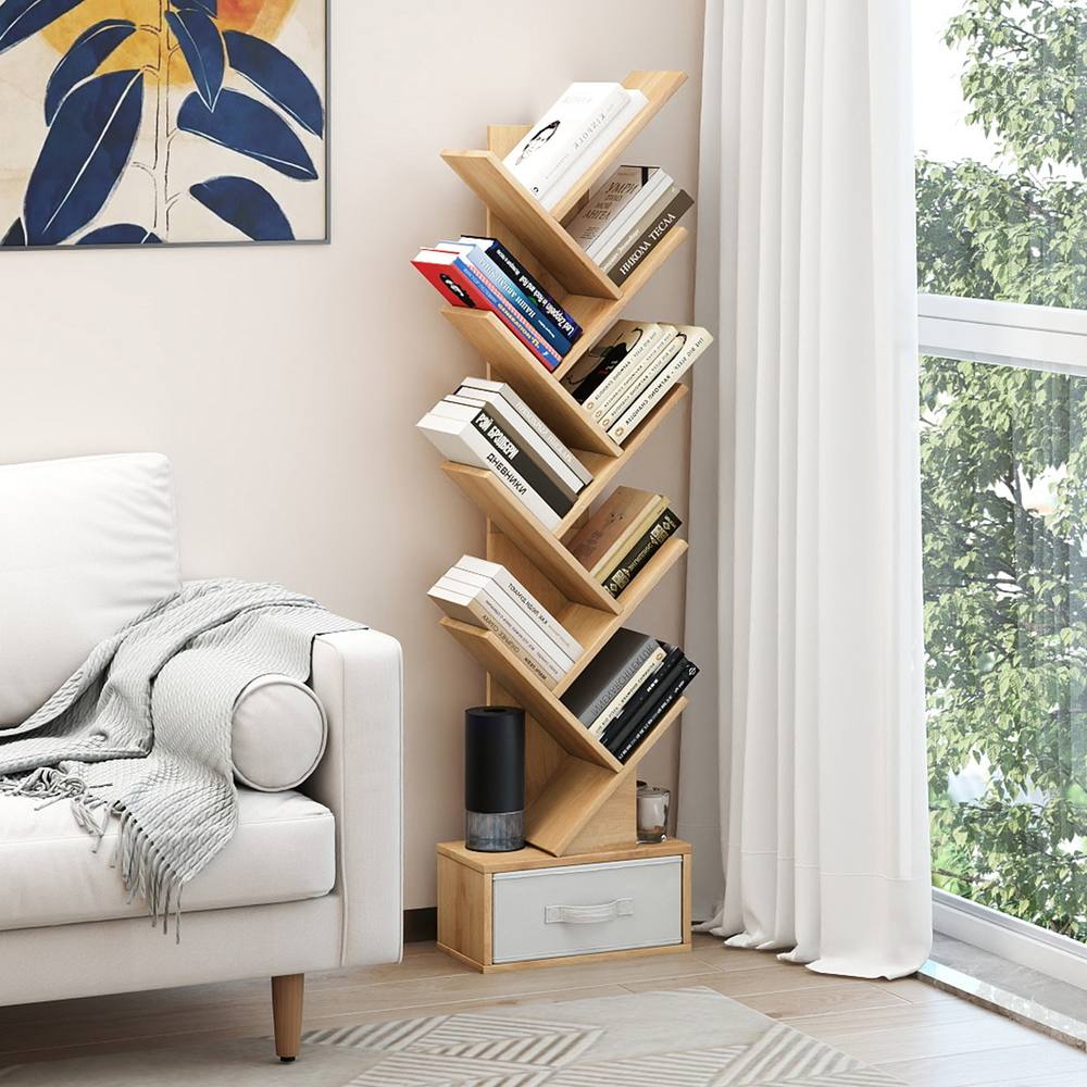 Costway Wooden Tree Bookshelf Modern 150cm Tall Narrow Bookcase w/ 10 Shelves in Natural
