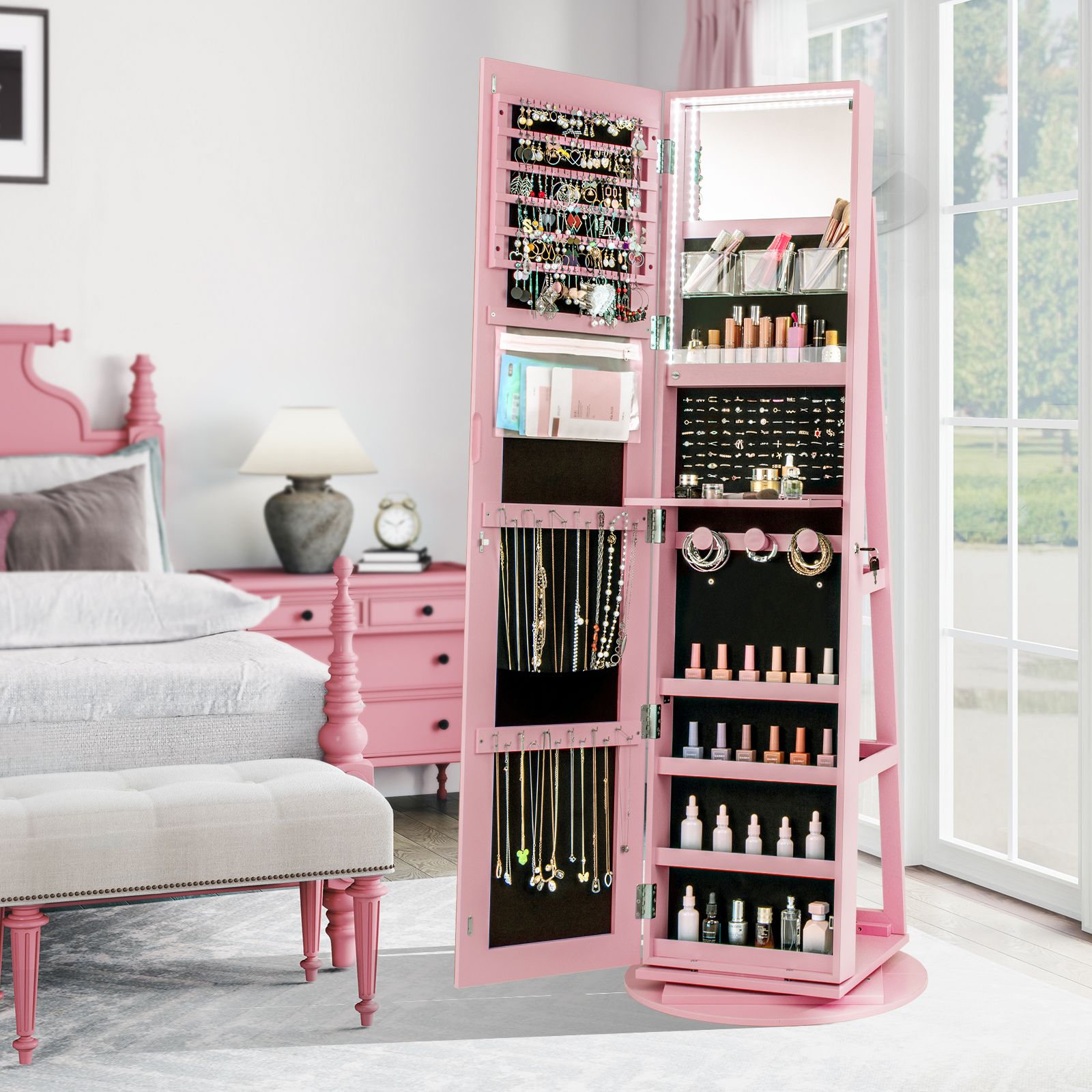 Costway 360° Rotating Jewelry Armoire Standing Jewelry & Makeup Cabinet in Pink