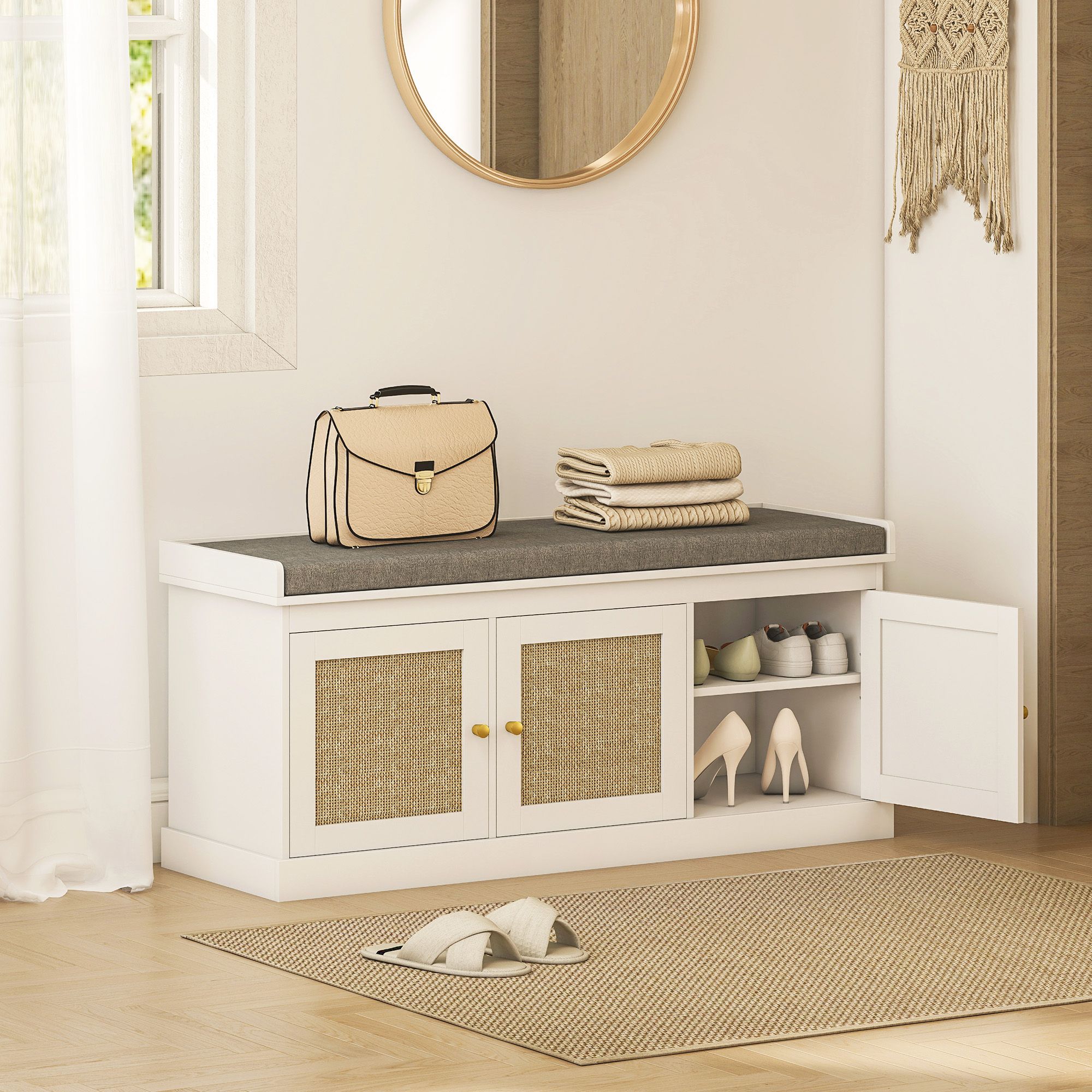 HOMCOM Shoe Storage Bench with Rattan Doors, Cushion, Entryway Shoe Bench in White