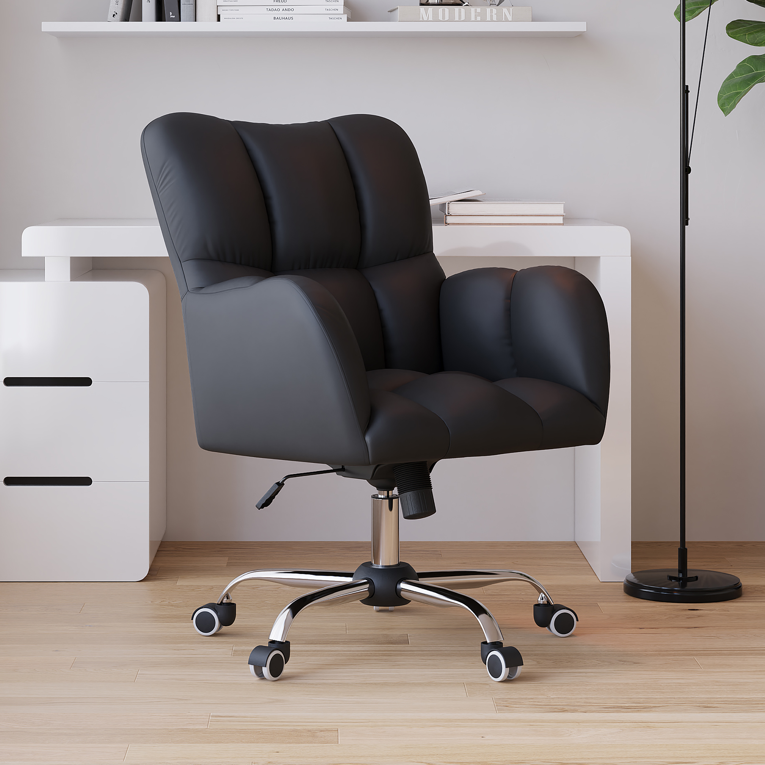 Height Adjustable Office Chair Faux Leather Swivel Office Chair in Black