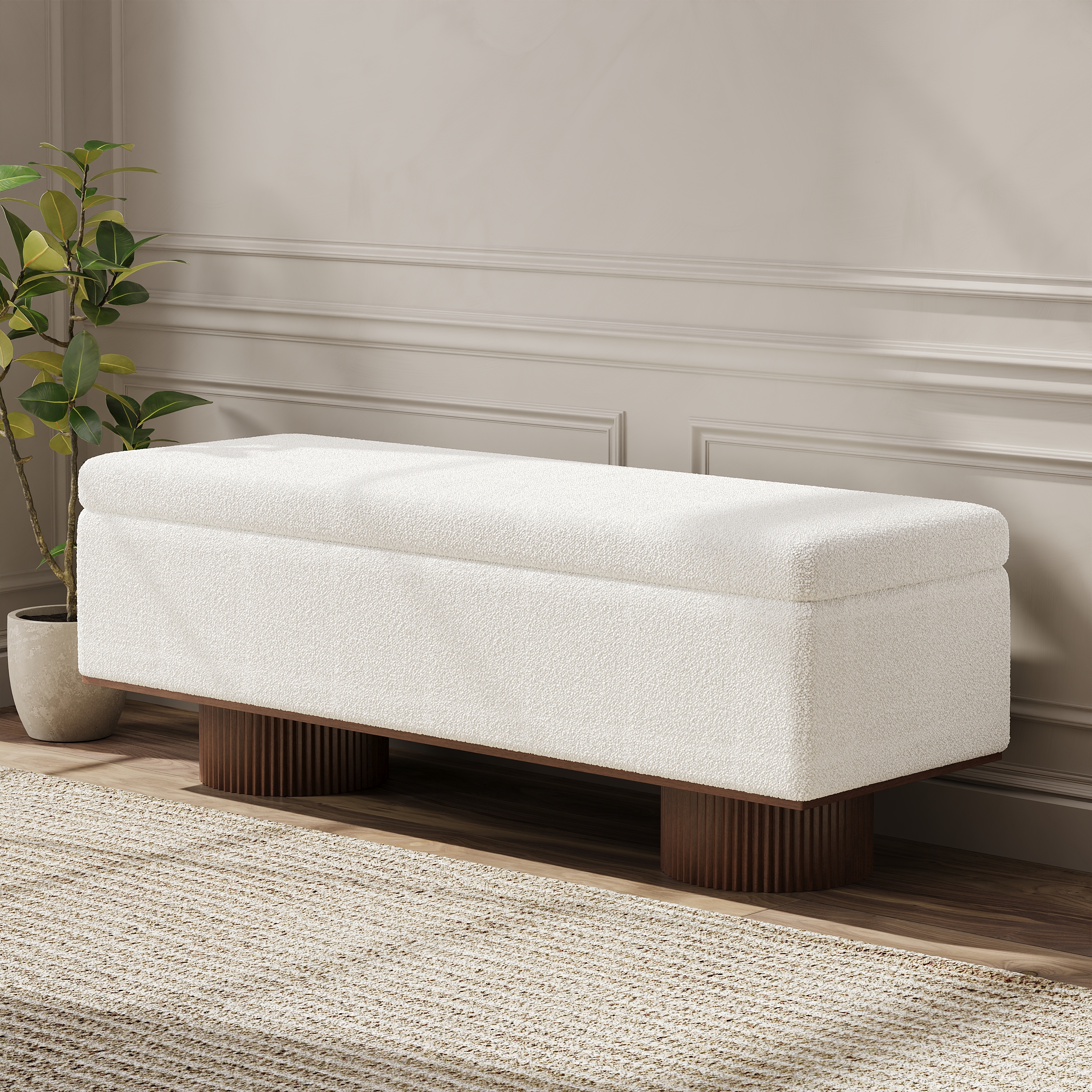 Storage Entryway Bench Boucle & Wood Entryway Furniture in White