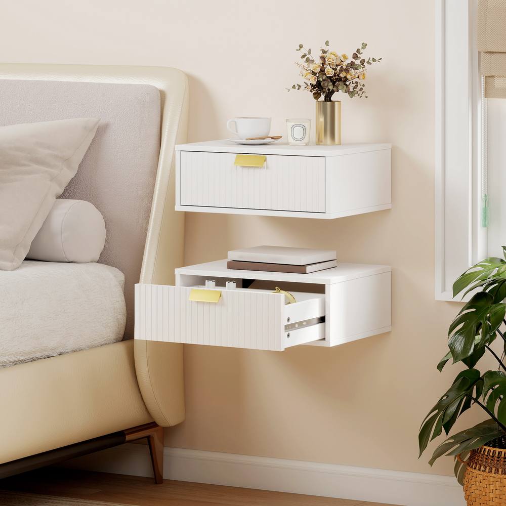 HOMCOM Floating Nightstands Set of 2 Bedside Tables w/ Wave Drawer in White