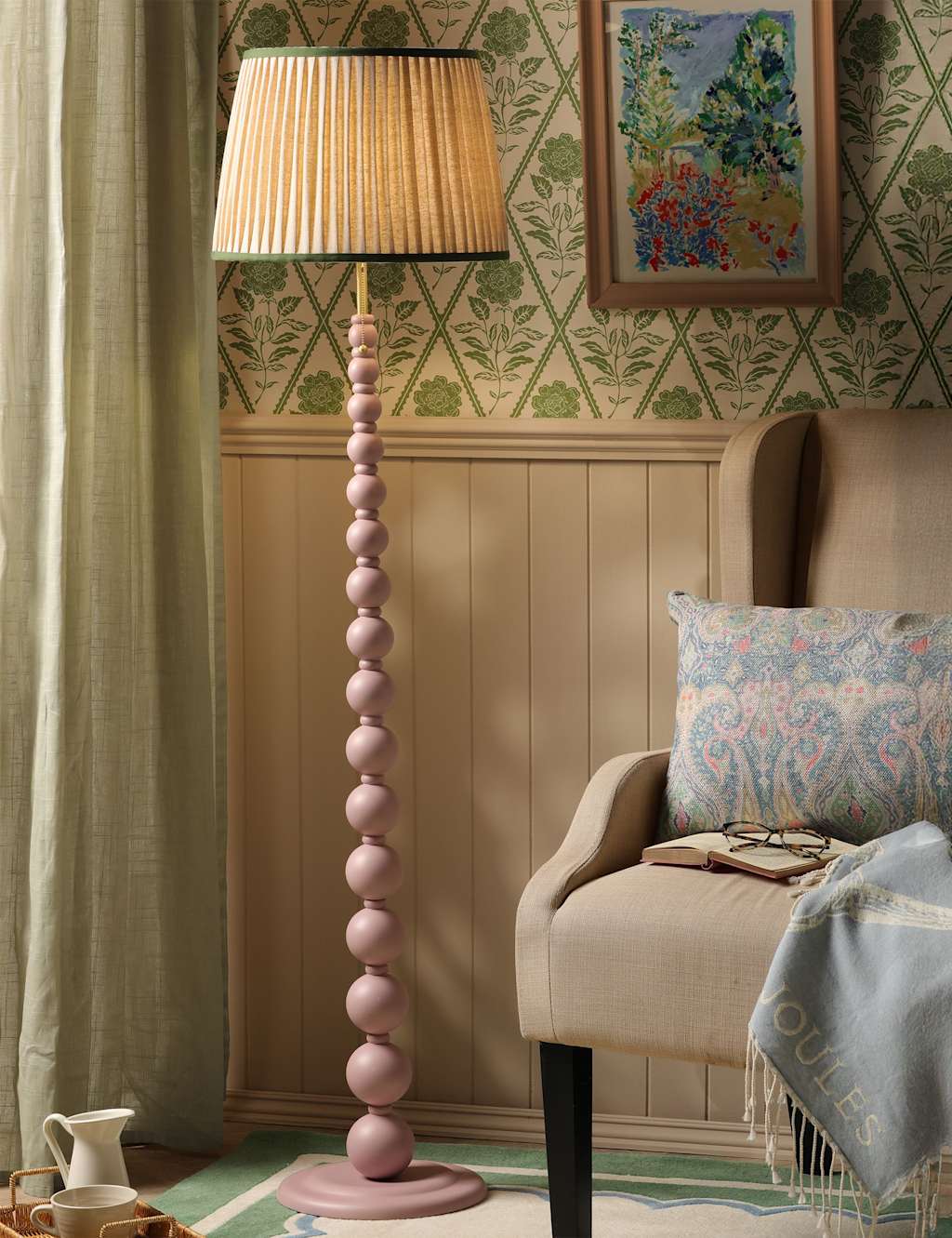 Joules Home Lighting Harewood Wood Bobbin Floor Lamp Pink Mix