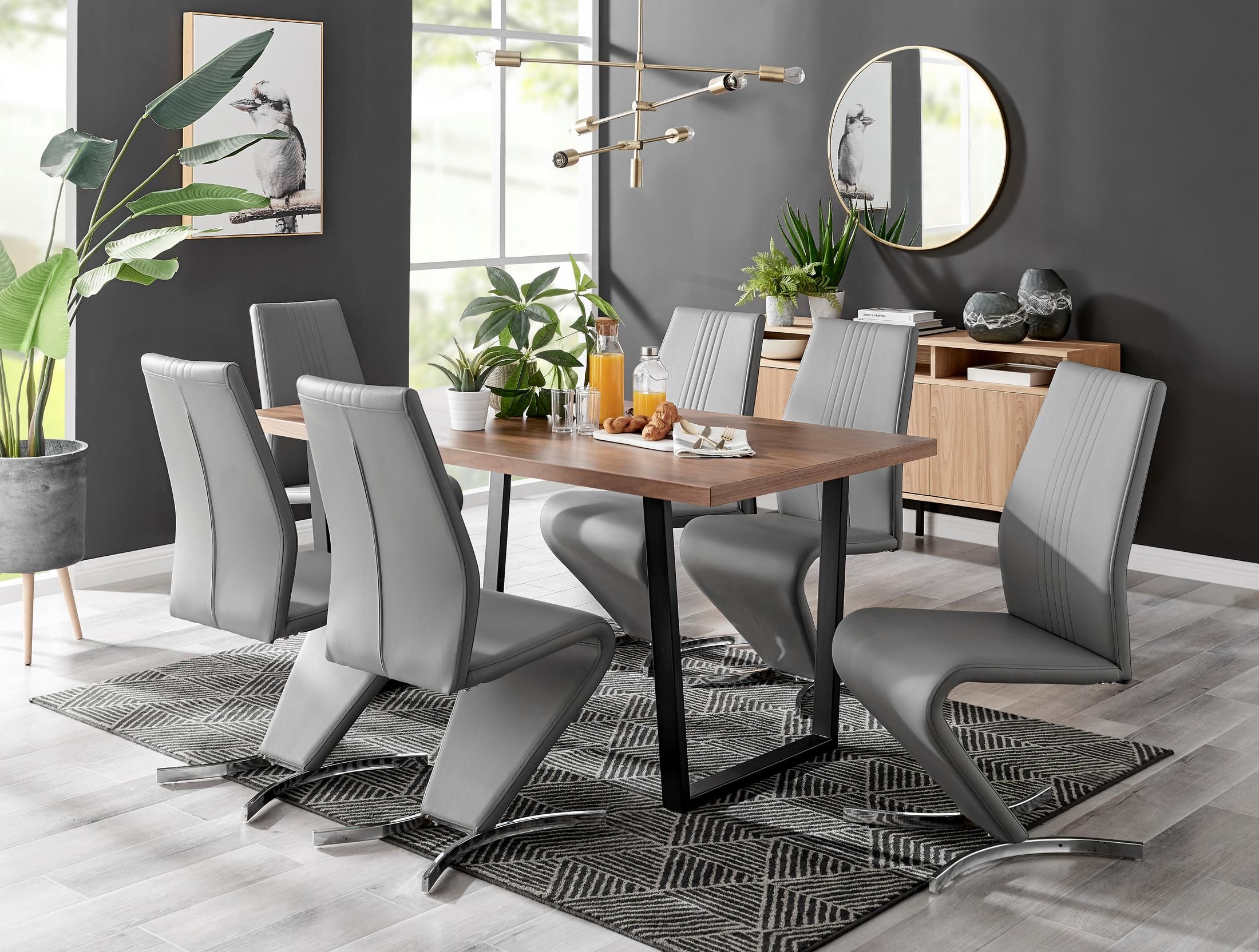 FurnitureboxUK Kylo Large Brown Wood Effect Dining Table & 6 Willow Faux Leather Chairs in Grey