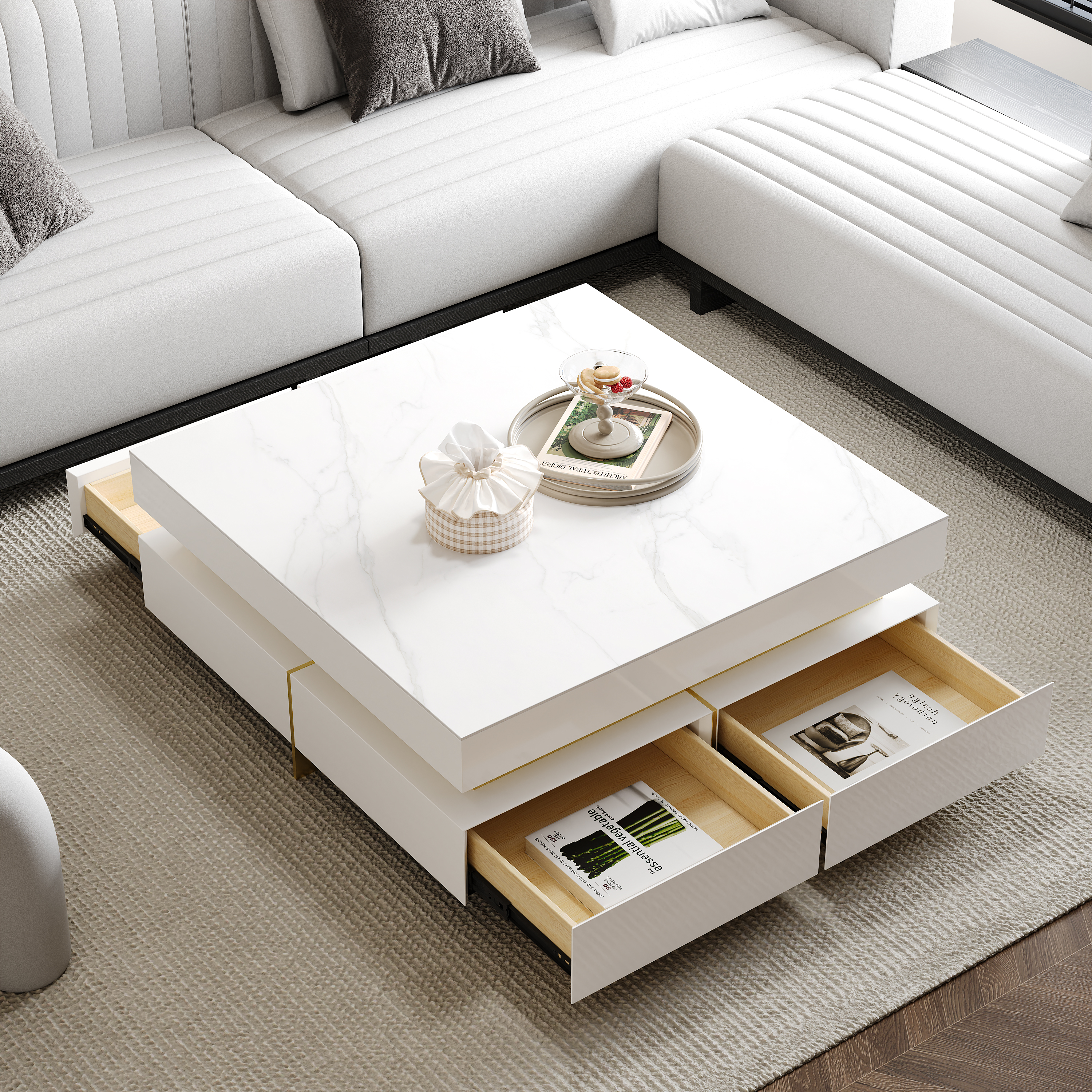 White Modern Square Coffee Table with Drawers  Sintered Stone Top & Metal Legs