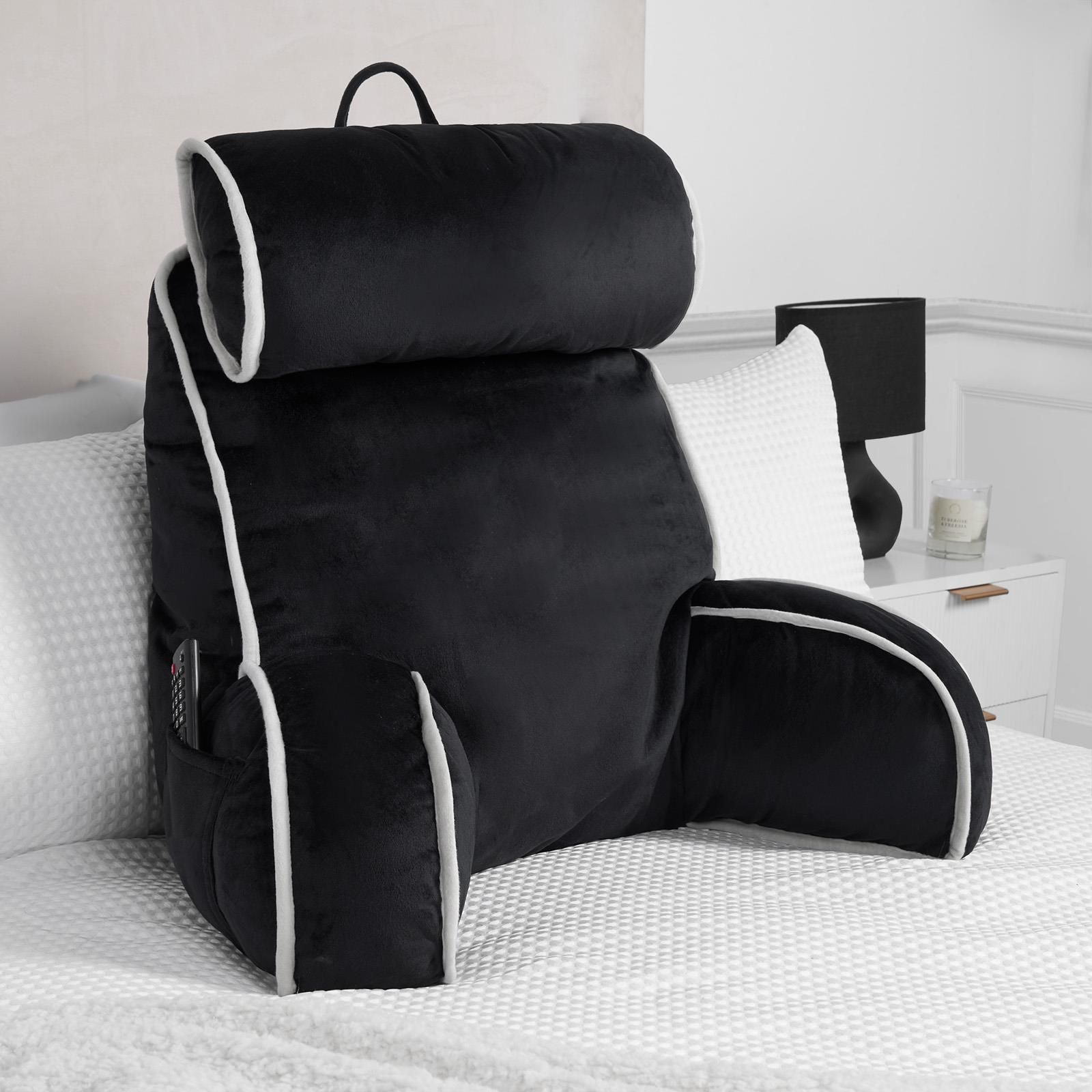 OHS Piped Edge Reading Pillow with Head Rest Back Support Bed Sofa in Black