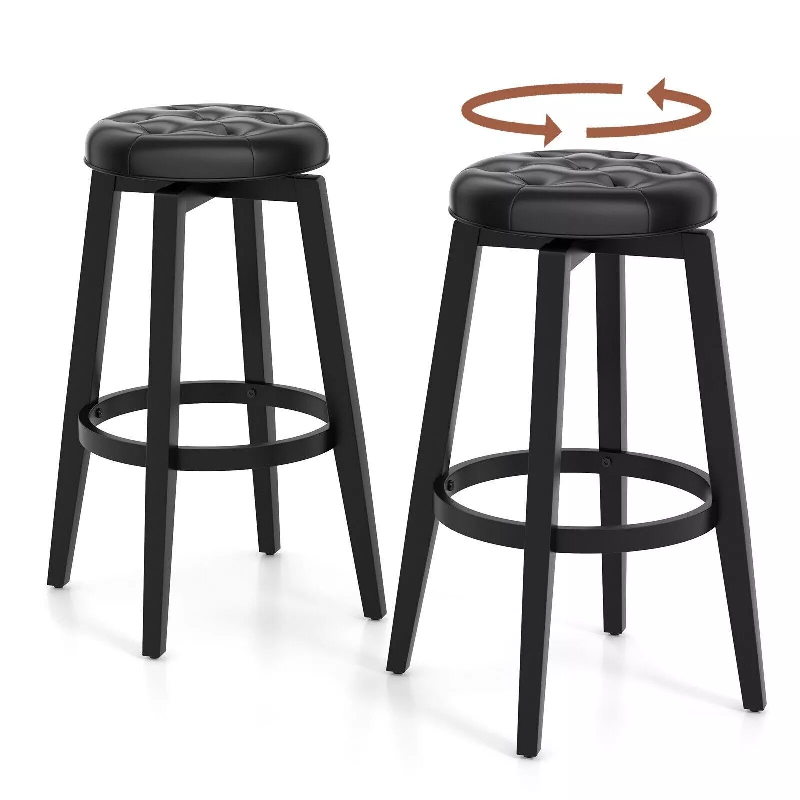 Costway Set of 2 Bar Stools Kitchen Upholstered Chair 360 Swivel Pub Stool 76cm in Black