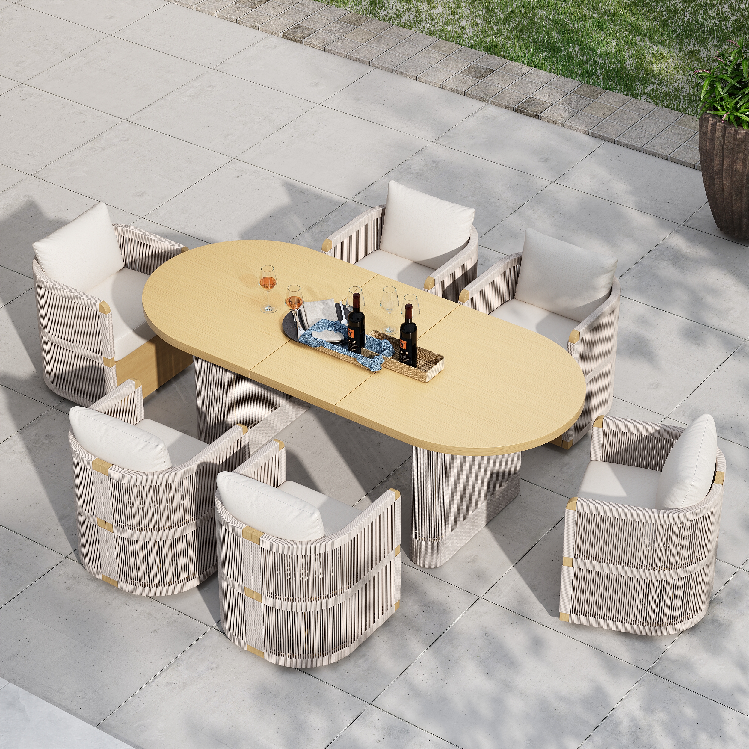 Costra Outdoor Aluminium Extendable Dining Set with 6 Woven Swivel Armchairs in Ivory