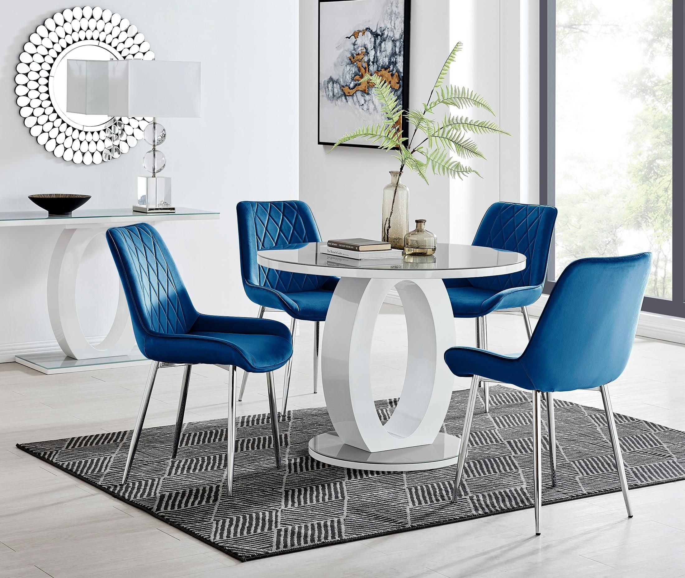 FurnitureboxUK Giovani Round 4 Seat 100cm White High Gloss Halo Base Grey Glass Top Dining Table 4 Soft Velvet Silver Leg Pesaro Chairs in Navy