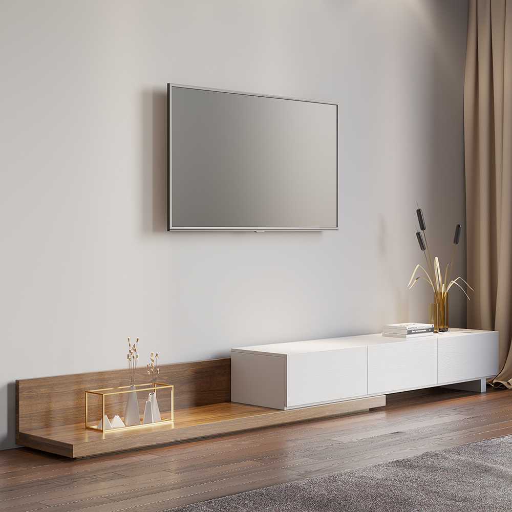 Extendable Floor White & Walnut TV Stand with 3 Drawers (1800 mm - 3048 mm)