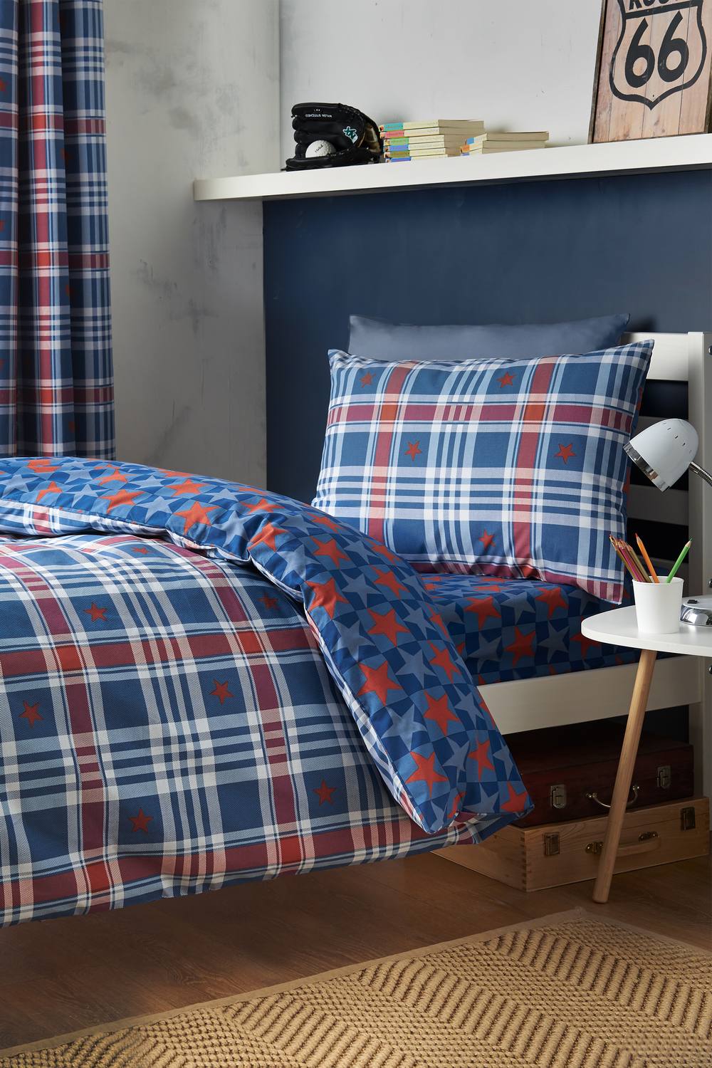Catherine Lansfield 'Stars & Check' Reversible Duvet Cover Set in Blue