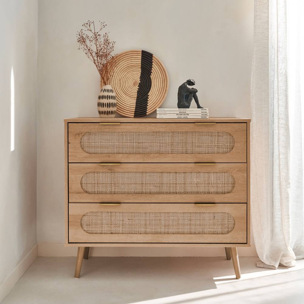 sweeek 3-drawer Chest With Wood & Rounded Cane Rattan in Light Brown