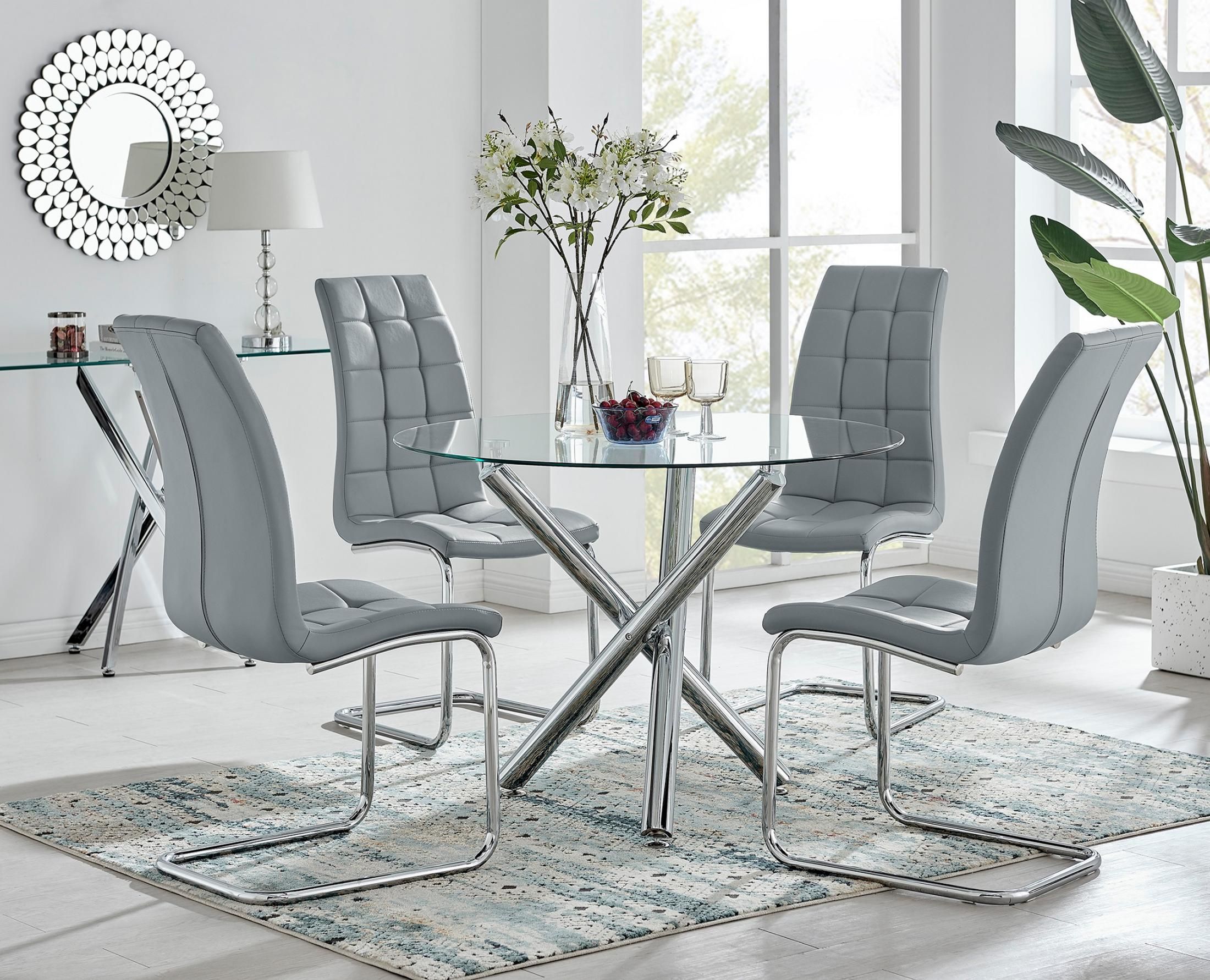 FurnitureboxUK Selina Round Glass Chrome Leg Dining Table & Murano Chairs in Grey