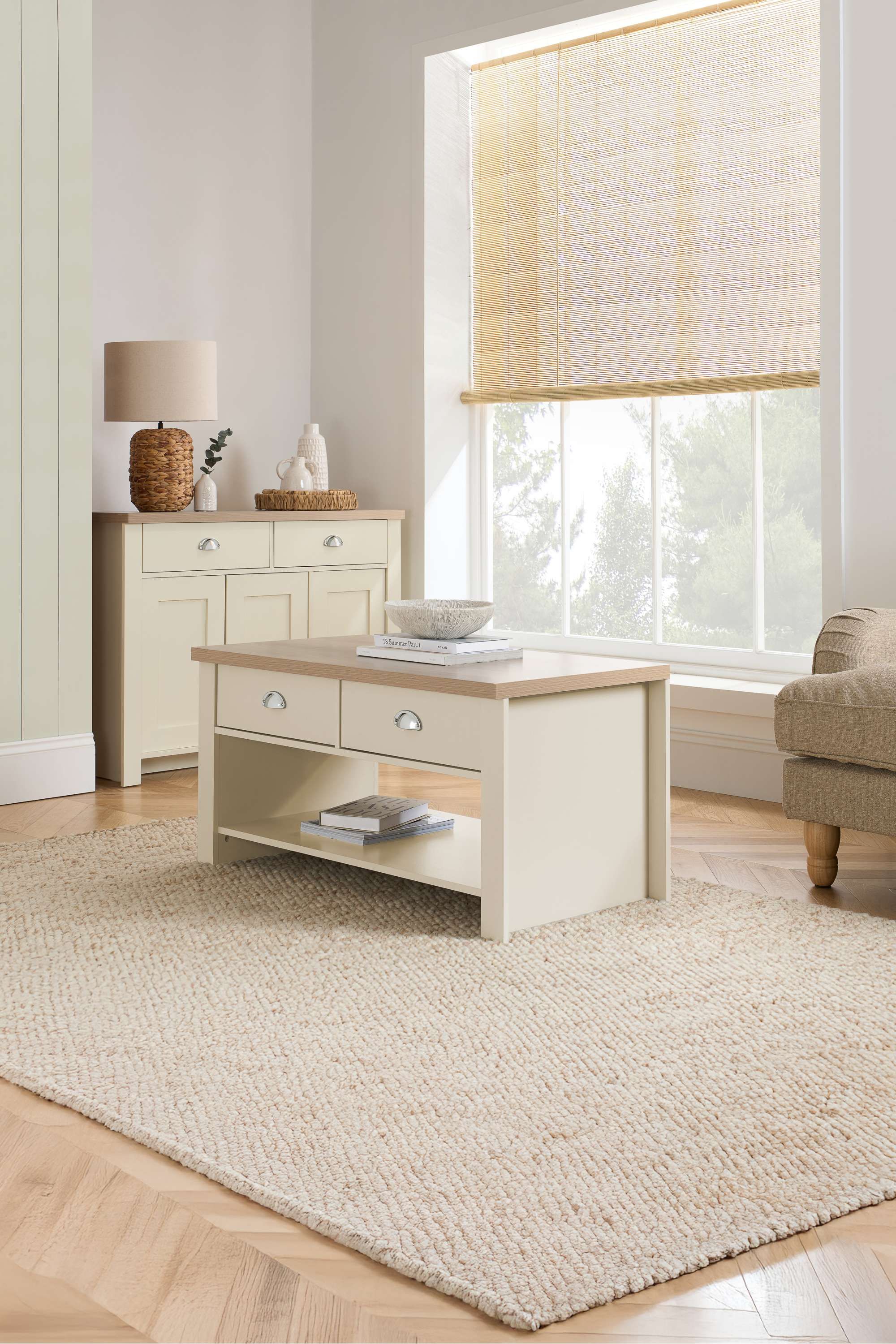 Birlea Coffee Table Blue & Oak Highgate 2 Drawer Farmhouse Shabby Chic in Cream