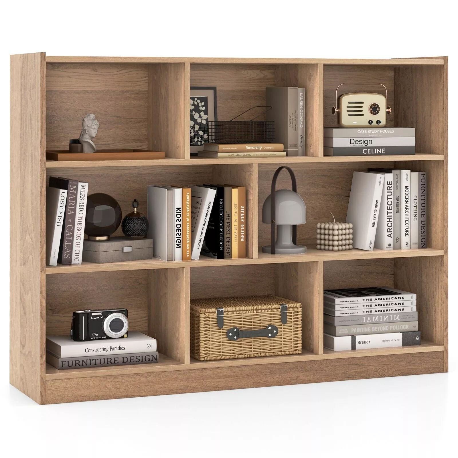 Costway Wood Storage Cube Bookcase 3 Tier 8 Cube Open Shelf Storage Cabinet in Natural