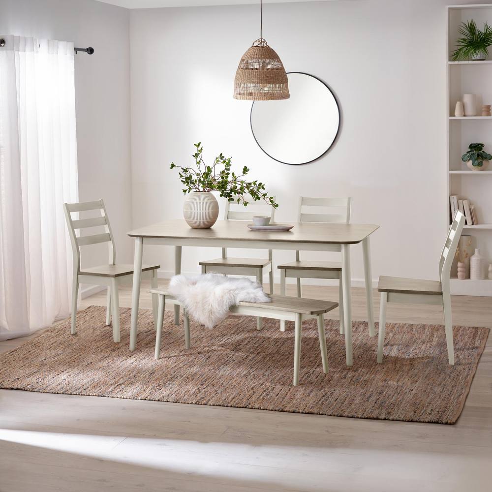 FurnitureboxUK Lynton Large White & Grey Wooden Dining Table with 4 Chairs & Bench in Light Grey