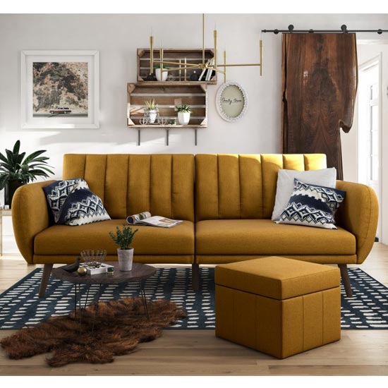 Brittany Linen Sofa Bed In Mustard With Wooden Legs