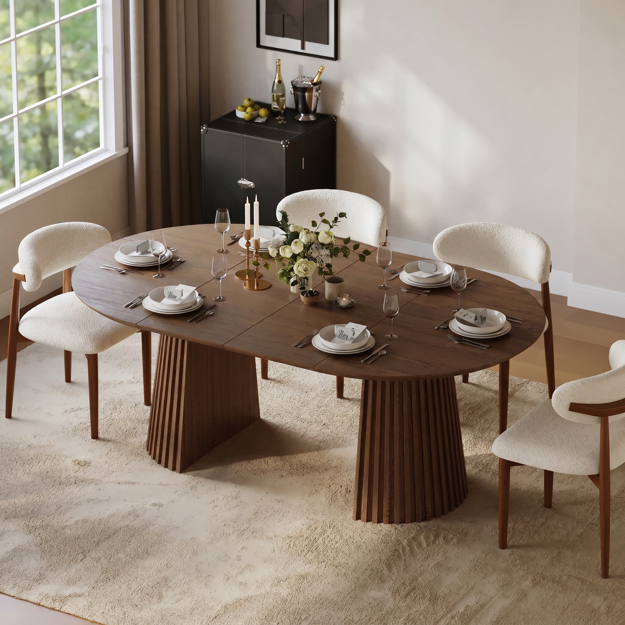 119 - 200 cm Extendable Round-to-Oval Wood Dining Table with Fluted Base, Seats 4-6