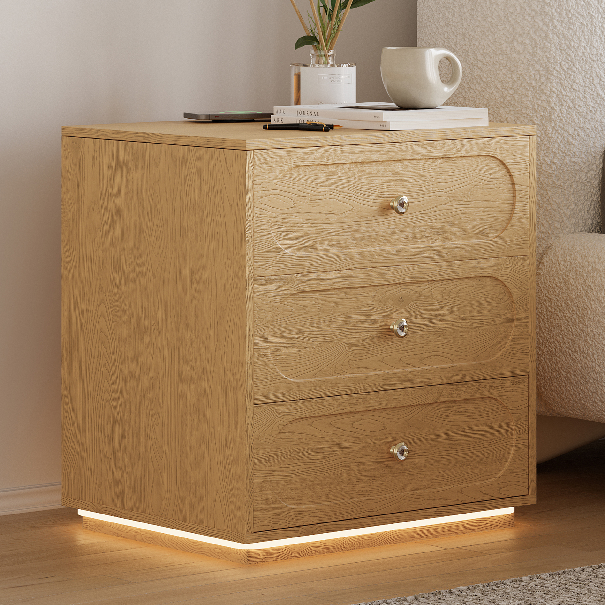 Modern Smart Bedside Table with Light 2 Drawer Bedside Table with Charging Station