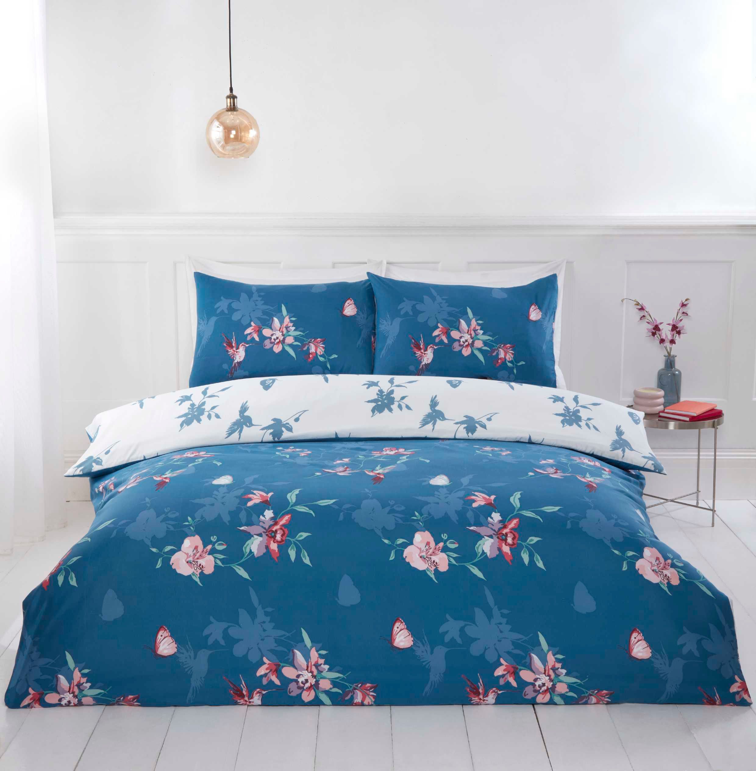 Rapport Home Hummingbird Microfibre Floral Duvet Cover Set With Pillowcase in Blue