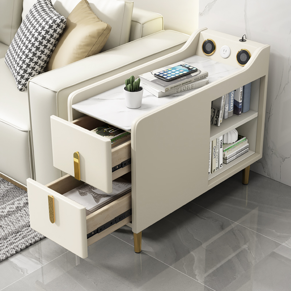 Modern Multifunctional Narrow Side Table Sintered Stone Top End Table Speaker & USB Port