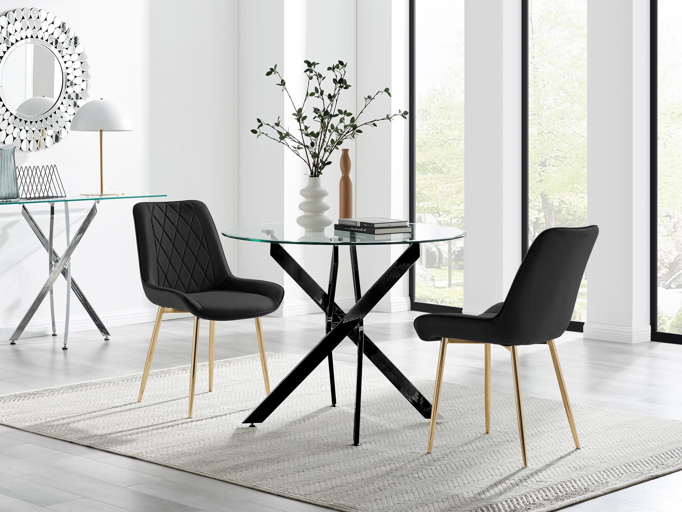 FurnitureboxUK Novara 100cm Round Black Leg Dining Table & 2 Pesaro Gold Leg Chairs