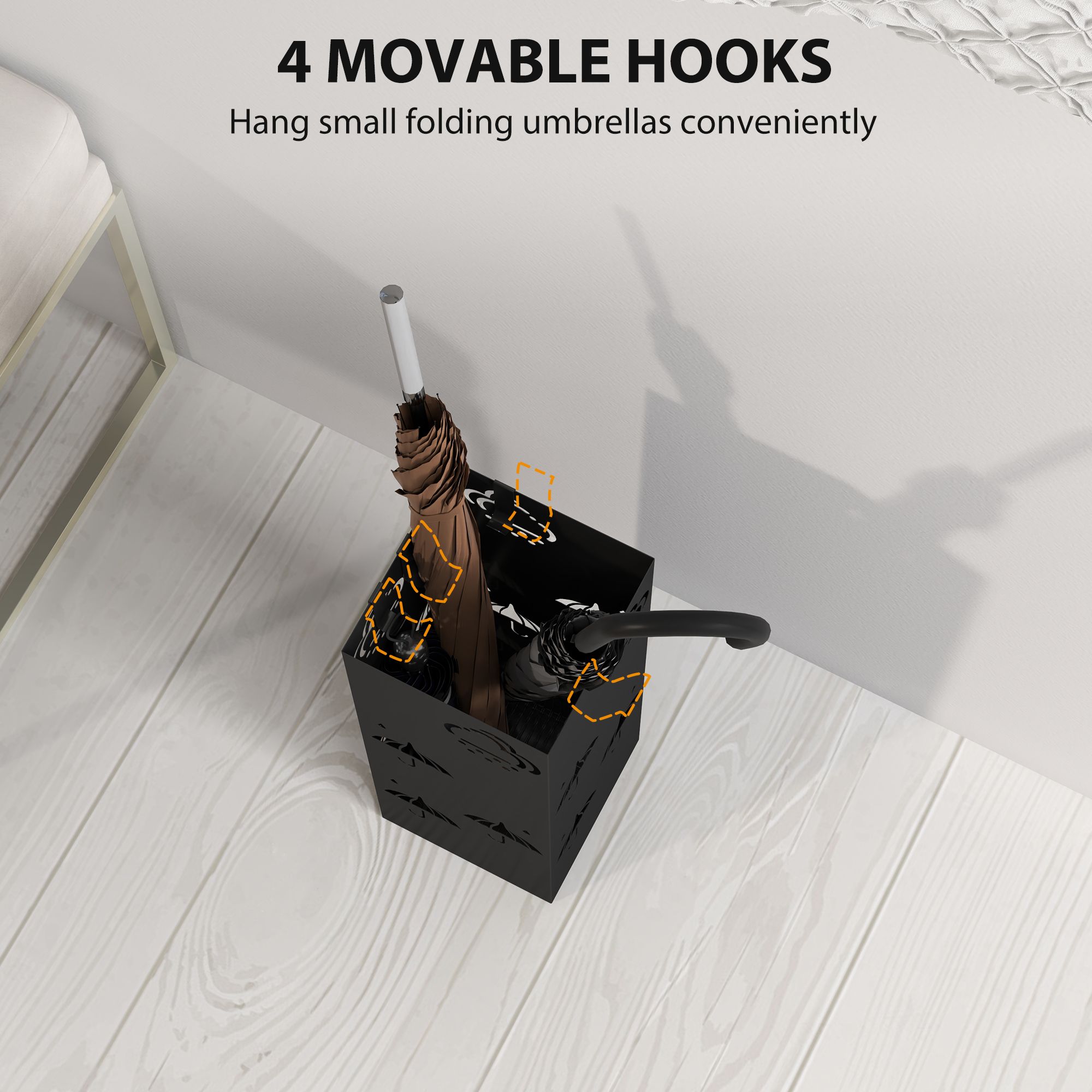 HOMCOM Decorative Umbrella Holder w/ Drip Tray 4 Hooks for Entryway Black 5