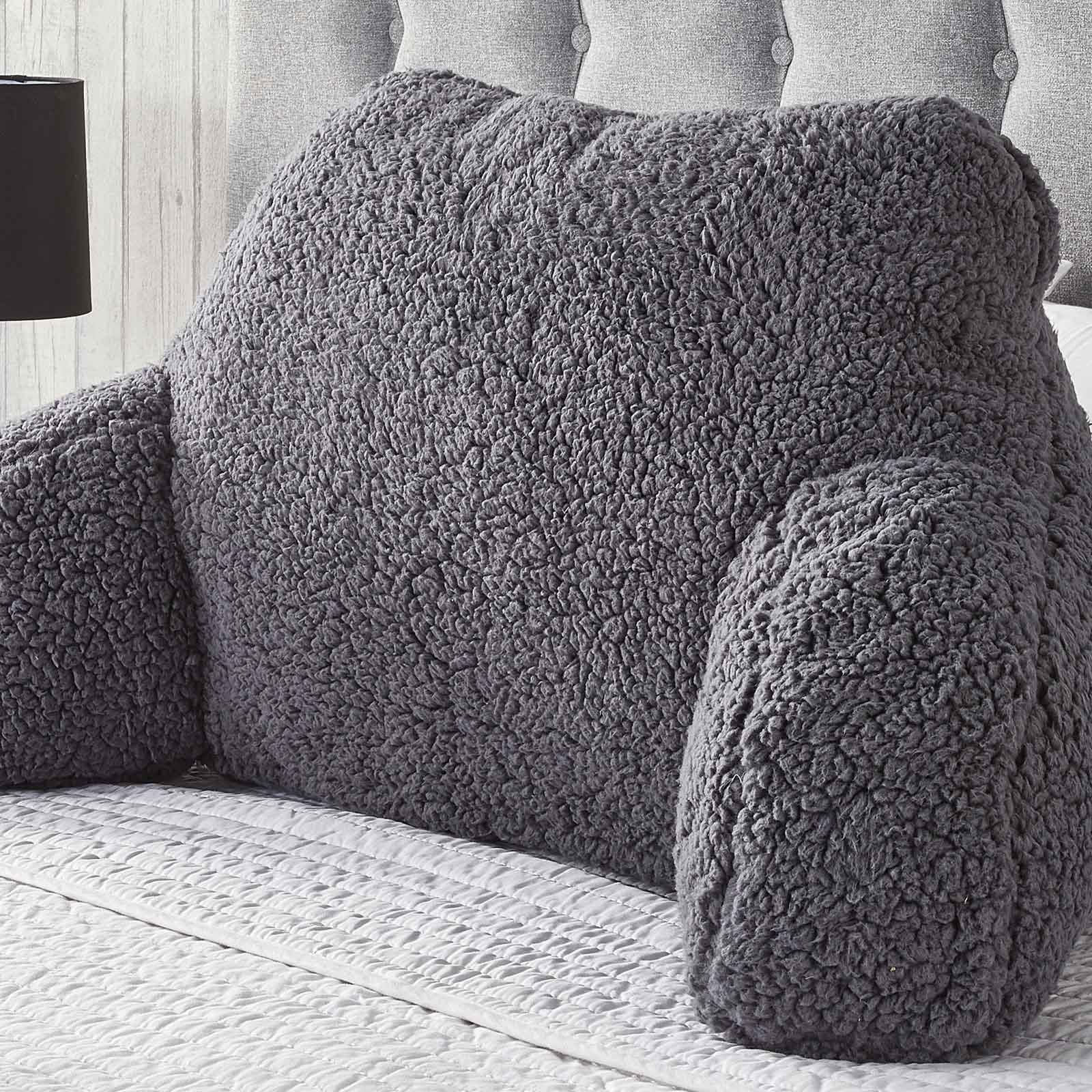 OHS Teddy Fleece Bed Reading Cushion Pillow with Arms Lumbar Support in Charcoal