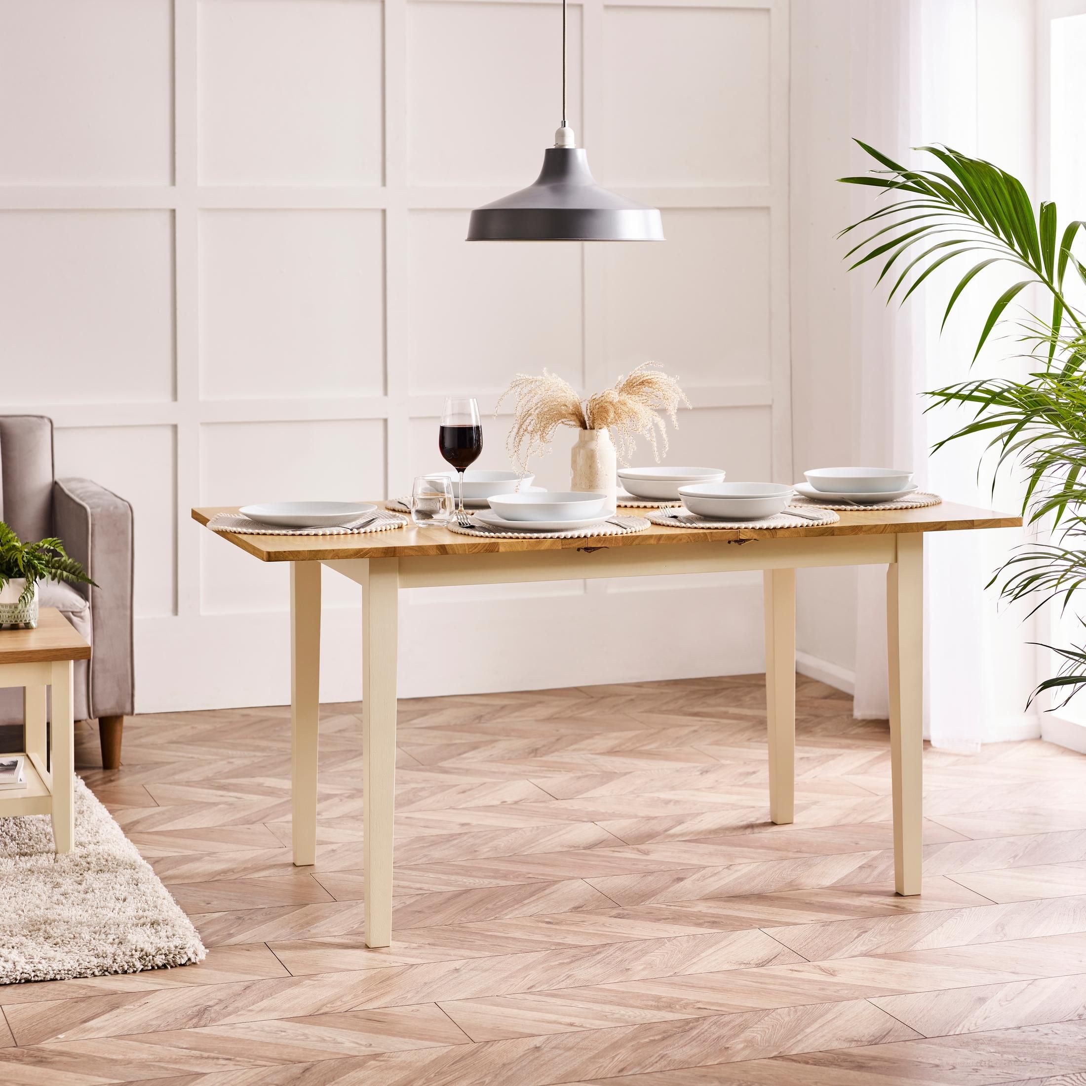FurnitureboxUK Salcombe Extending Rectangular Wooden Table with 2 Whitby Chairs & 1 Small Bench in Cream 2