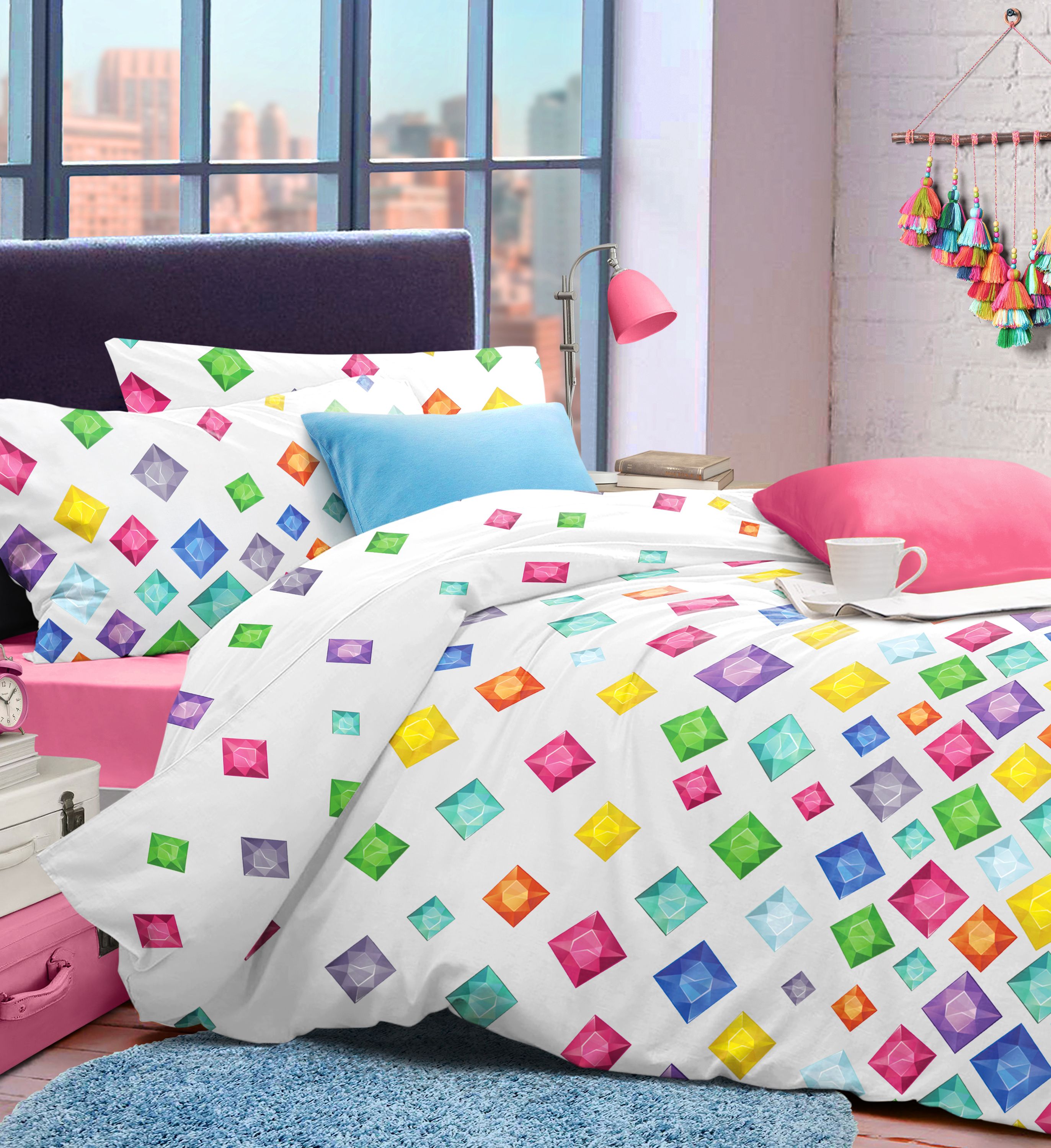 Velosso Jewels White Cotton Rich Printed Duvet Cover & Pillowcase Set