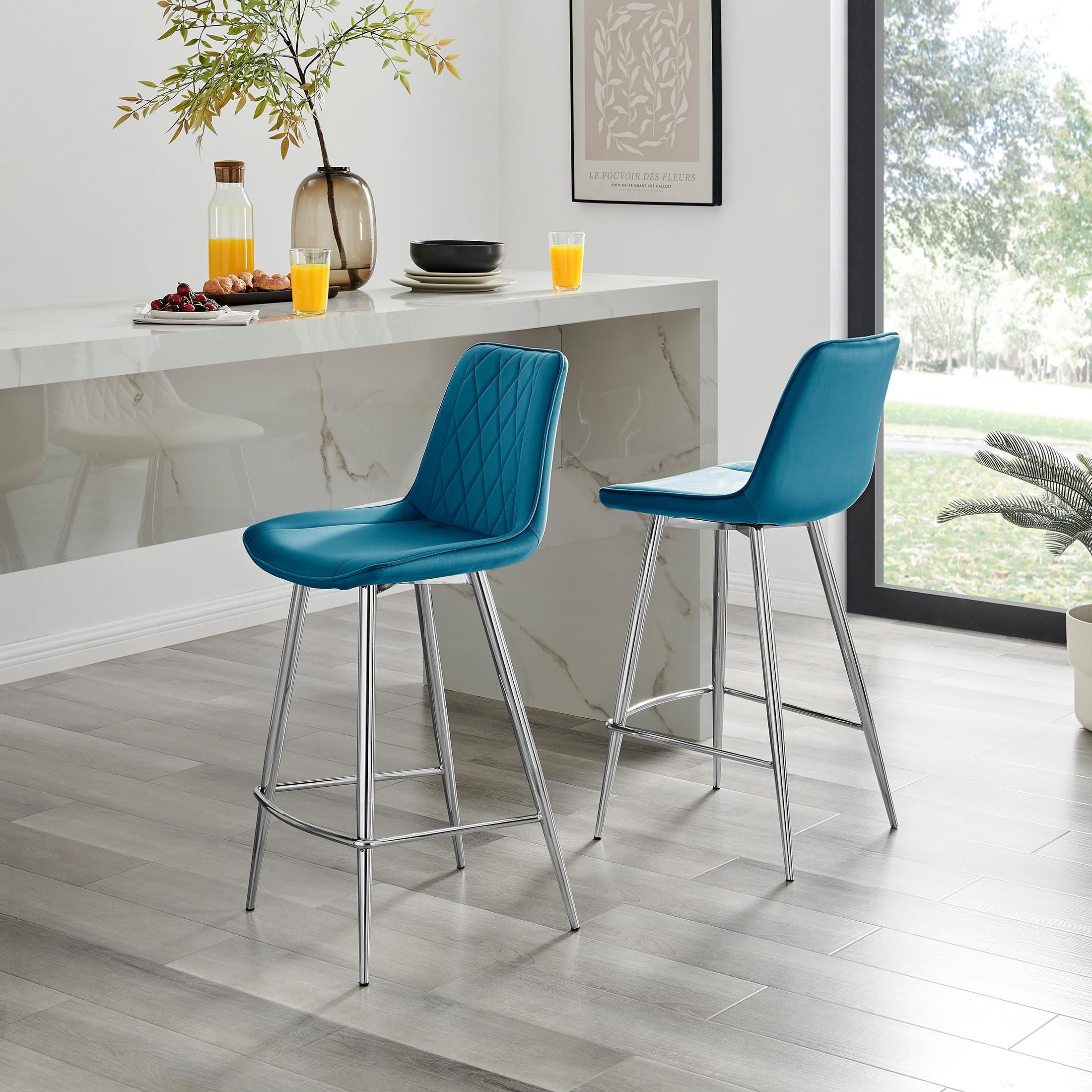 FurnitureboxUK Pesaro Set of 2 Velvet Silver Legs Counter Stools in Blue