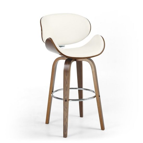 Clapton Bar Chair In Cream PU And Walnut With Chrome Foot Rest