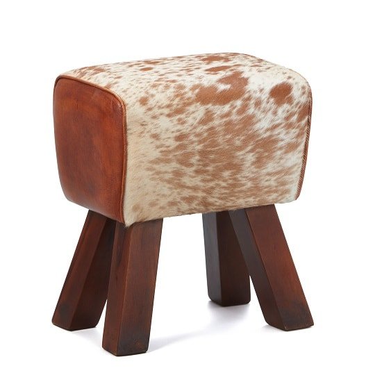 Hurst Stool In Cream And Brown Leather With Solid Wooden Legs
