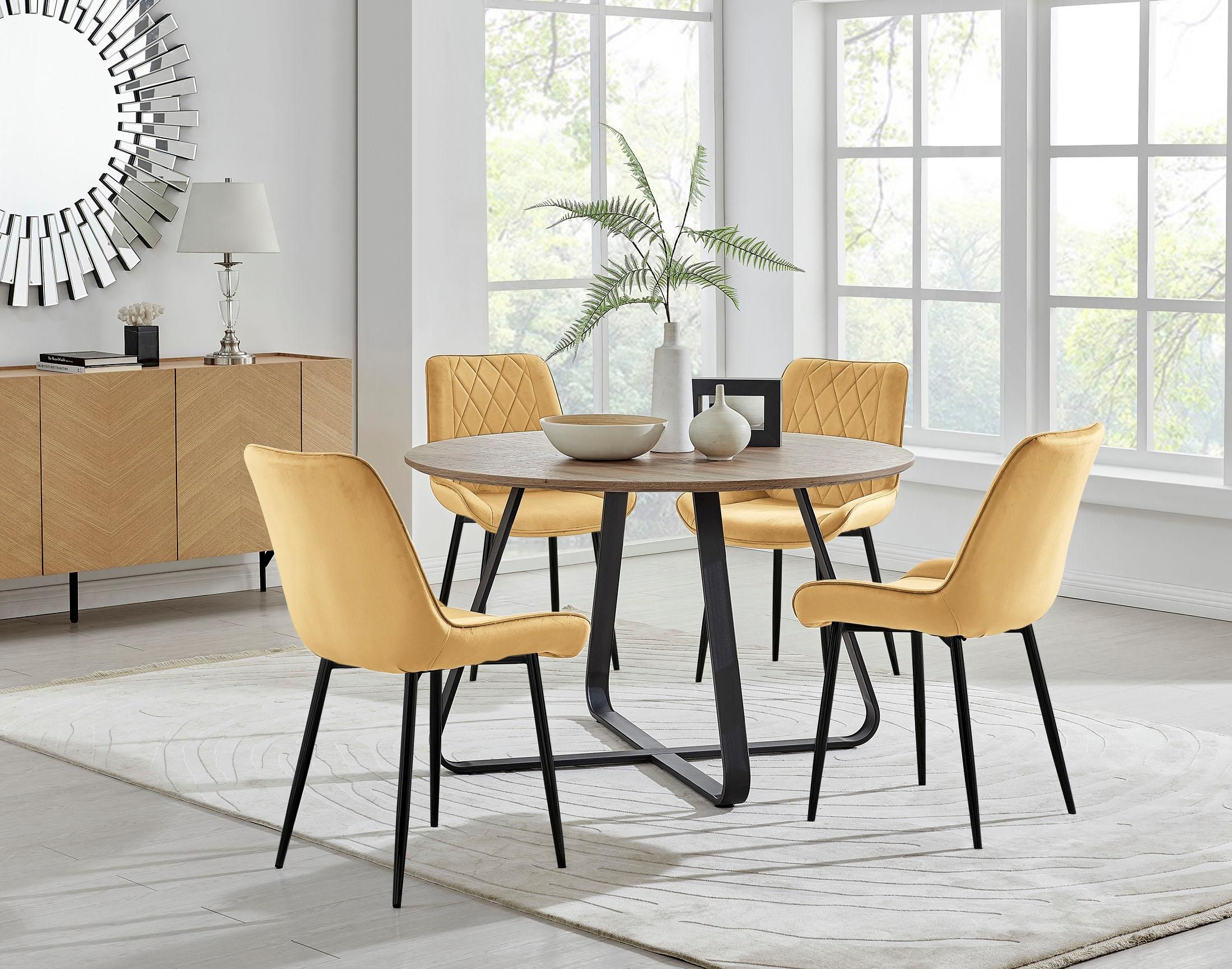 FurnitureboxUK Santorini Brown Round Dining Table & 4 Pesaro Black Leg Chairs in Mustard