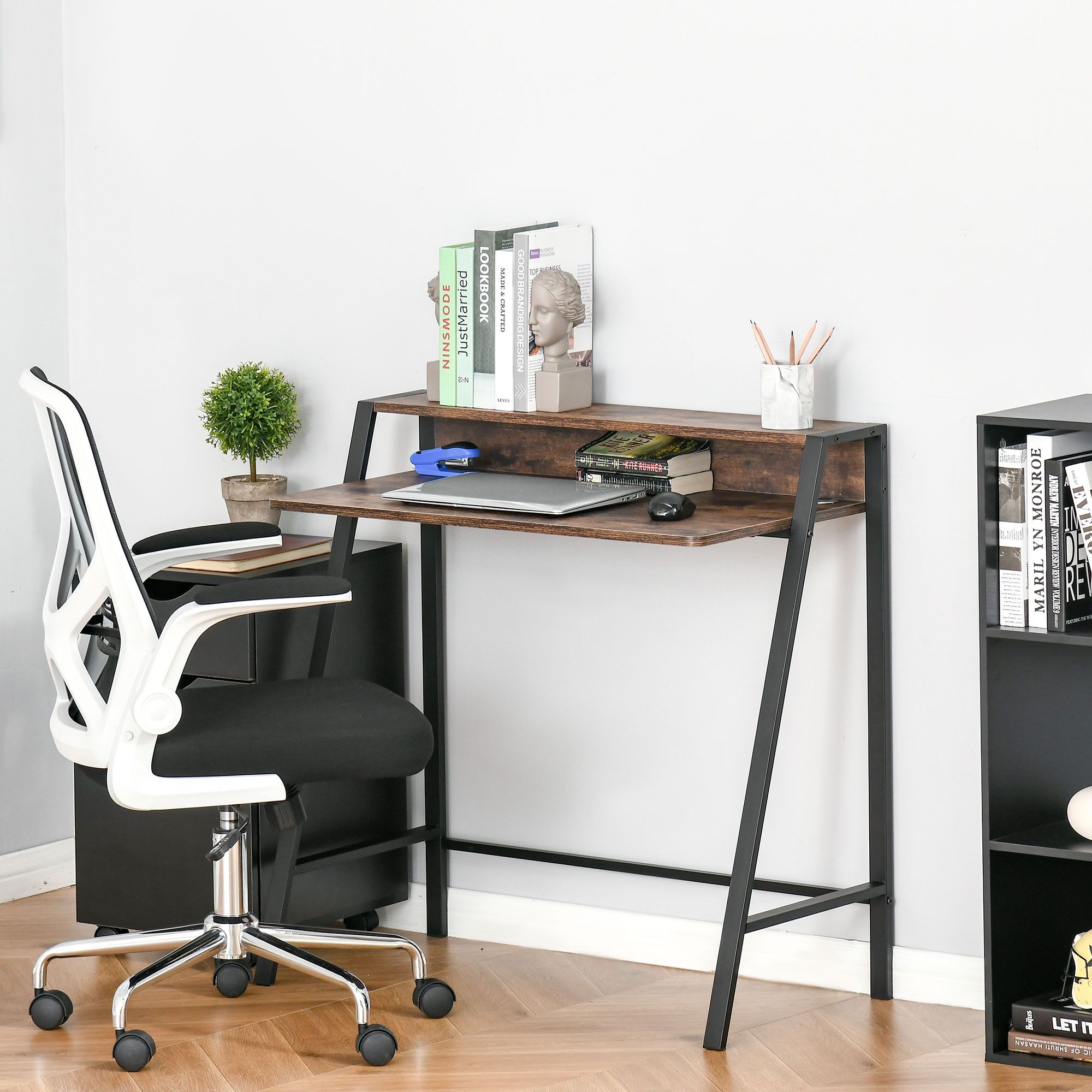 HOMCOM 2-Tier Storage Computer Workstation Metal Frame Rustic Brown 100cm